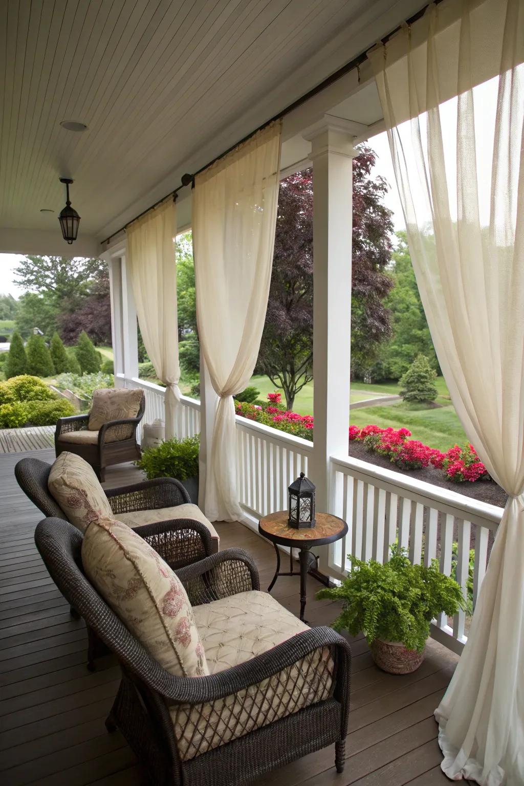 Drapes help divide your porch into distinct, cozy zones.