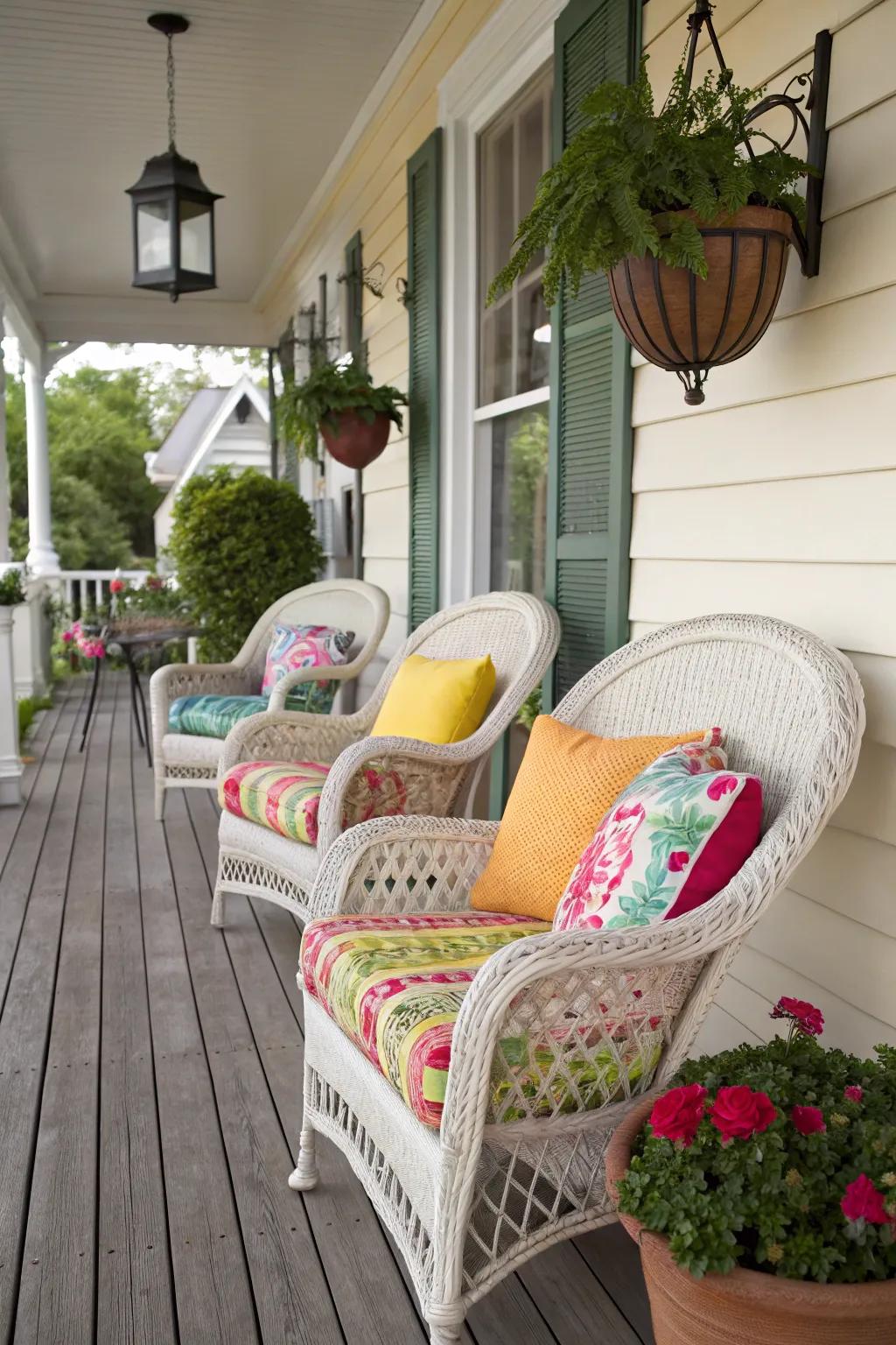 Wicker chairs add elegance and comfort to any porch setting.