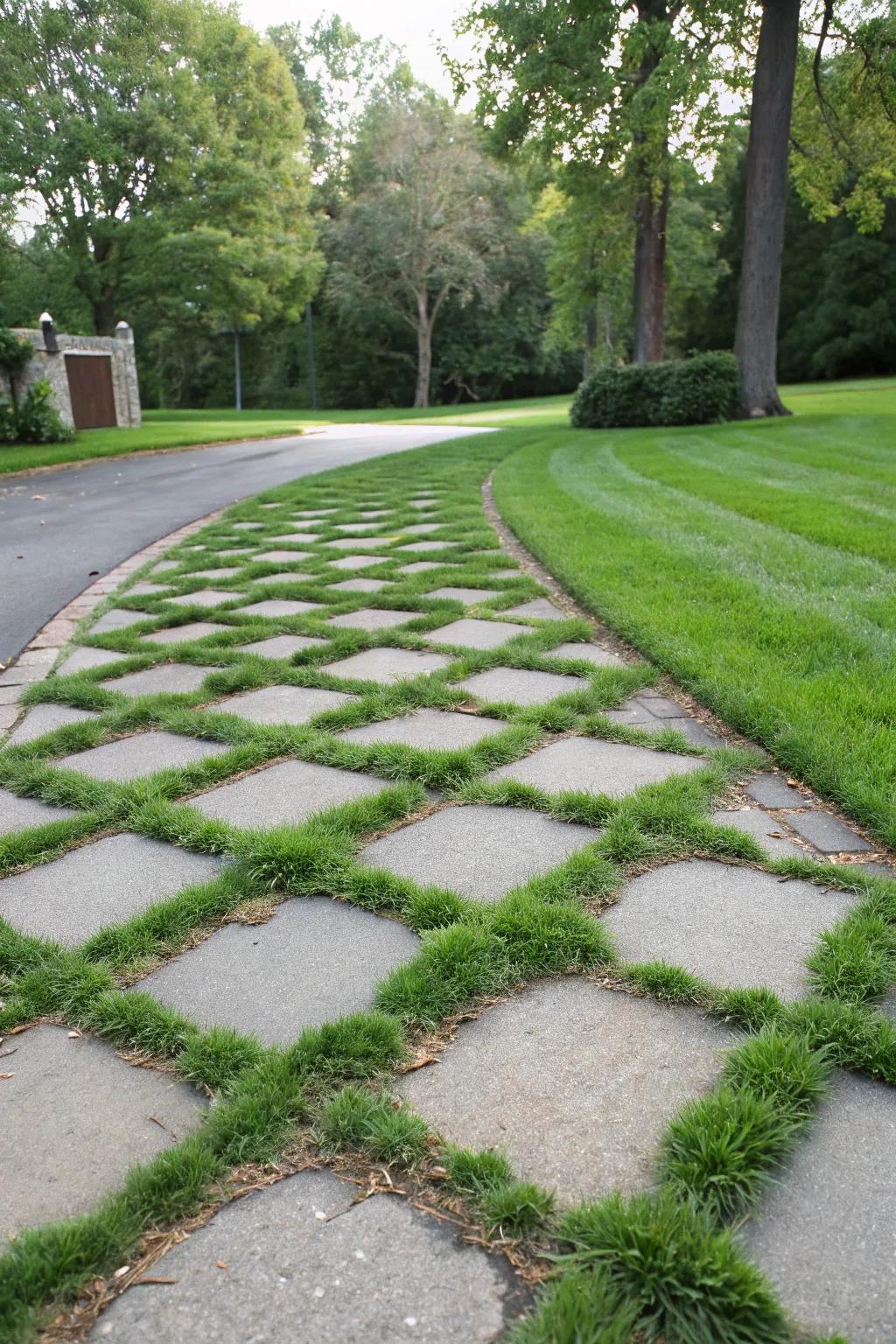 Grass pavers blend nature with driveway design.