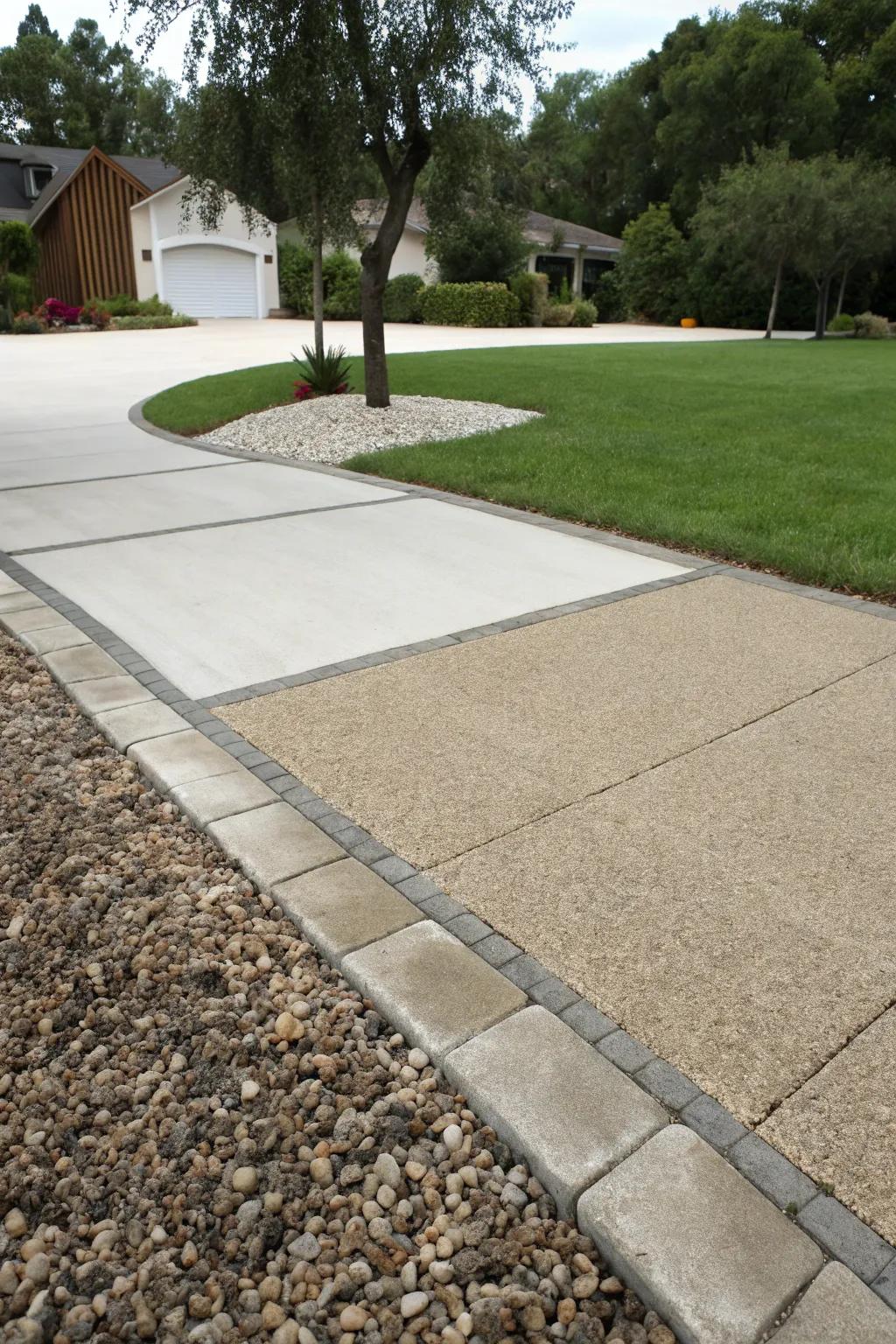 Mixed materials create a textured and dynamic driveway.
