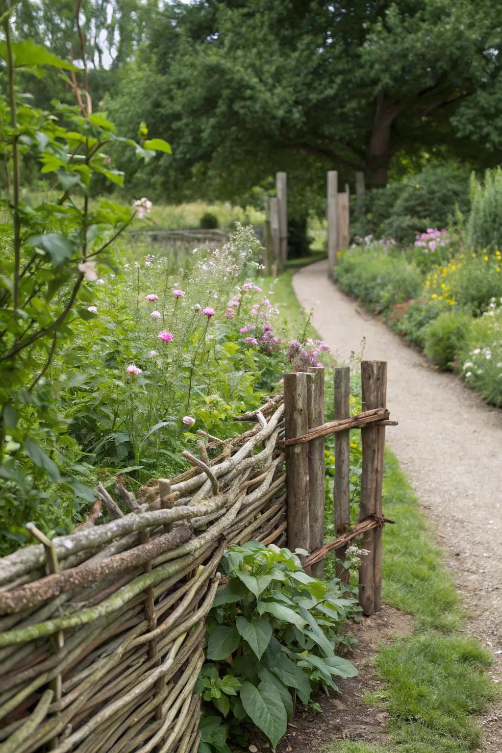 Wattle fencing provides a rustic and natural yard divider.