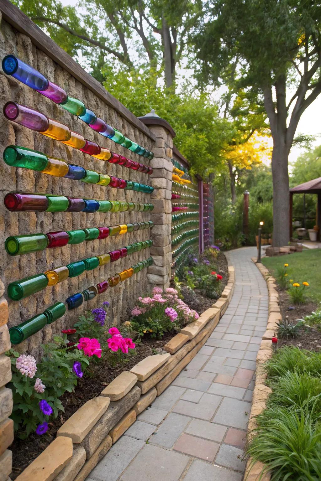Recycled glass bottles create a colorful and unique yard divider.