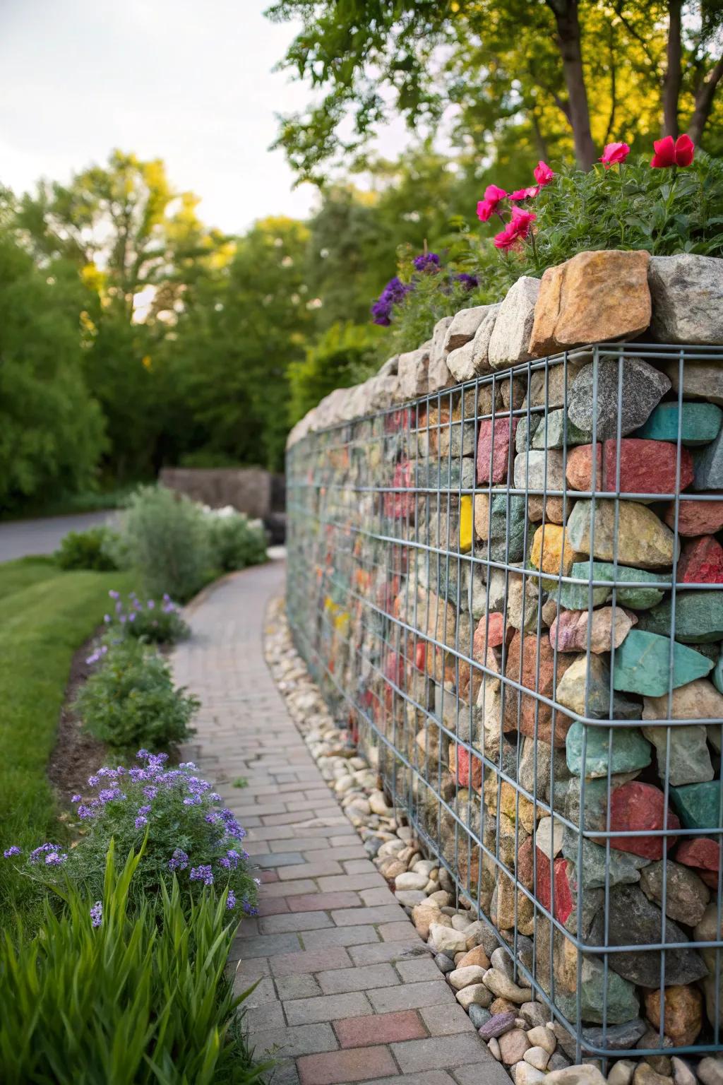 Gabion walls provide a sturdy and visually interesting boundary.