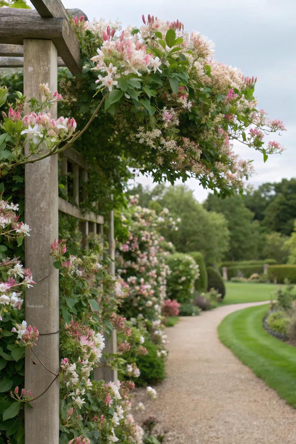 Climbing plants on a trellis create a fragrant and lively screen.