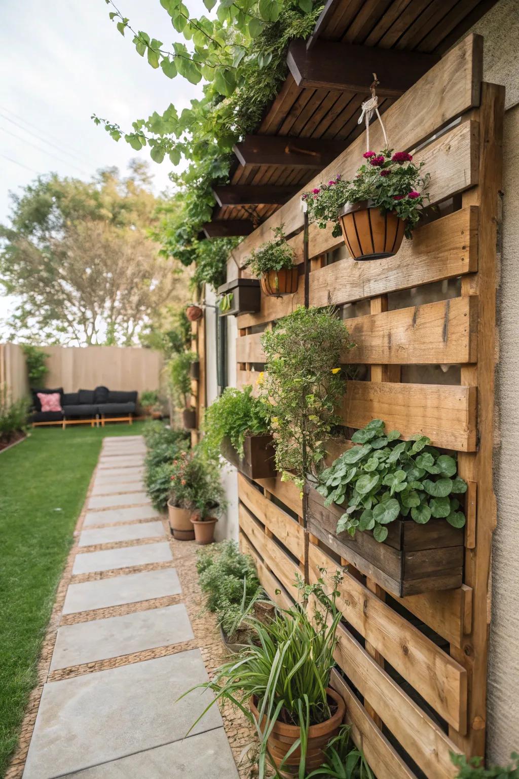 Wooden pallets offer a rustic charm as a yard divider.