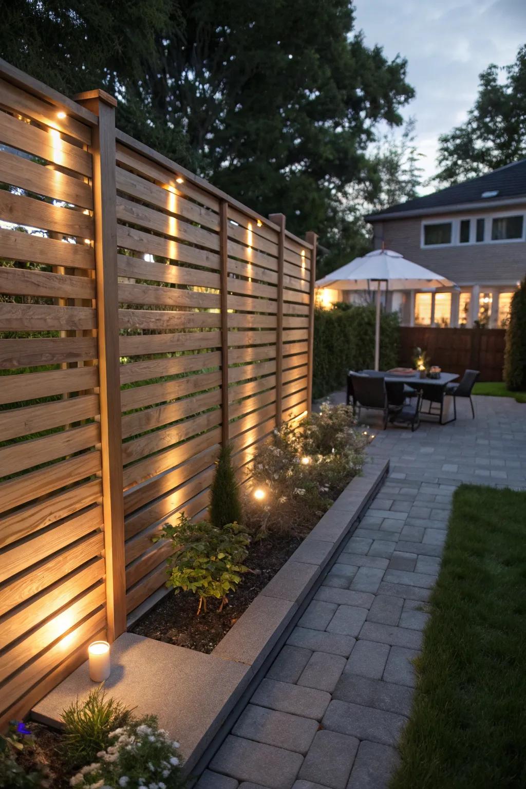 Solar lights add a magical glow to your privacy screens at night.