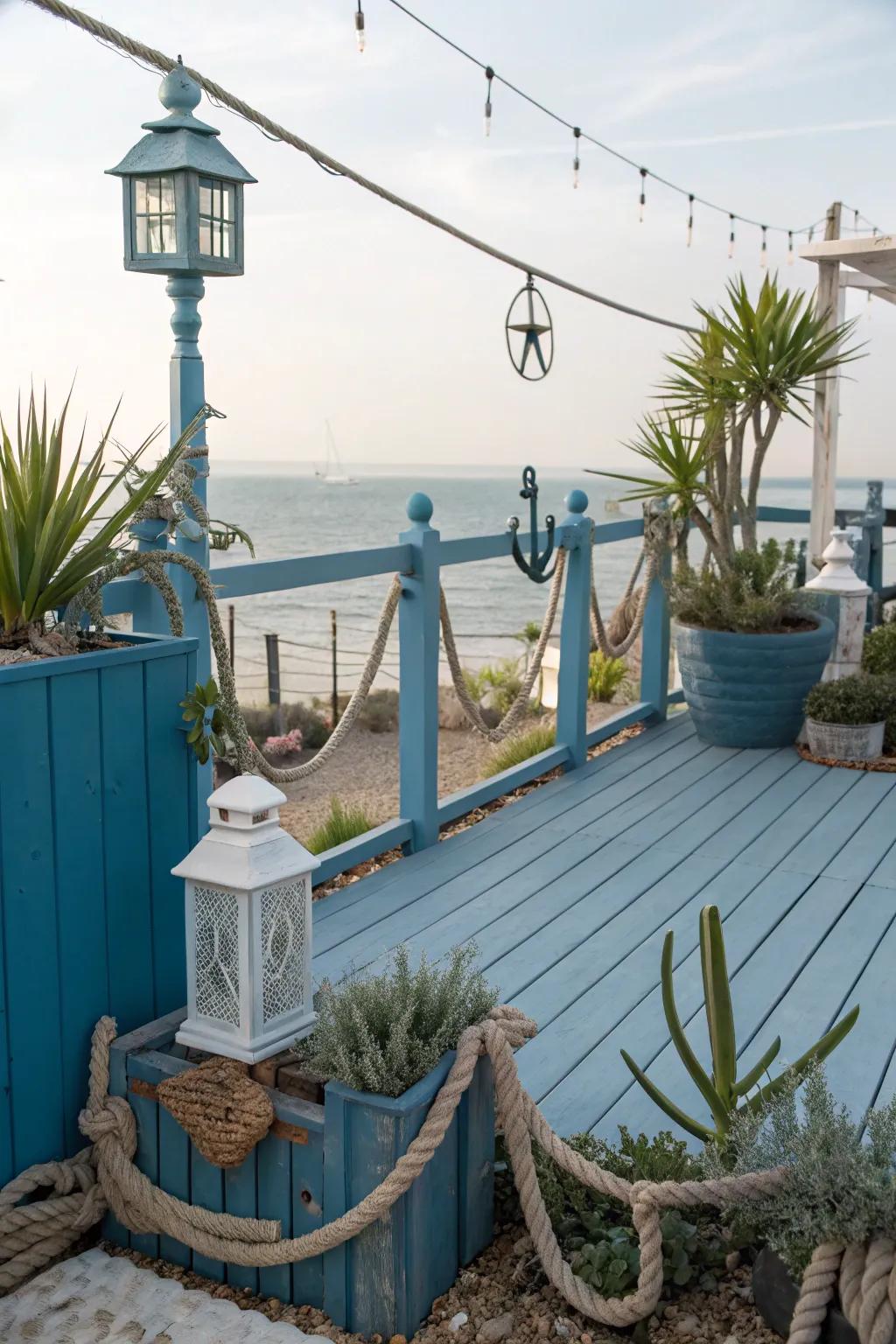 Ocean blues create a serene and vacation-like atmosphere.