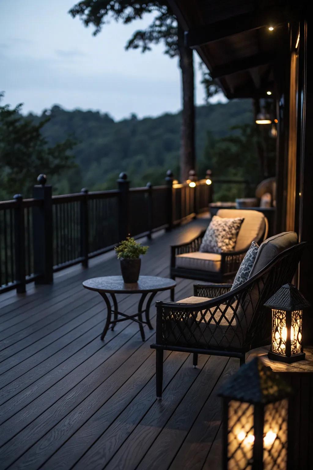 Dark shades create a moody and sophisticated outdoor space.