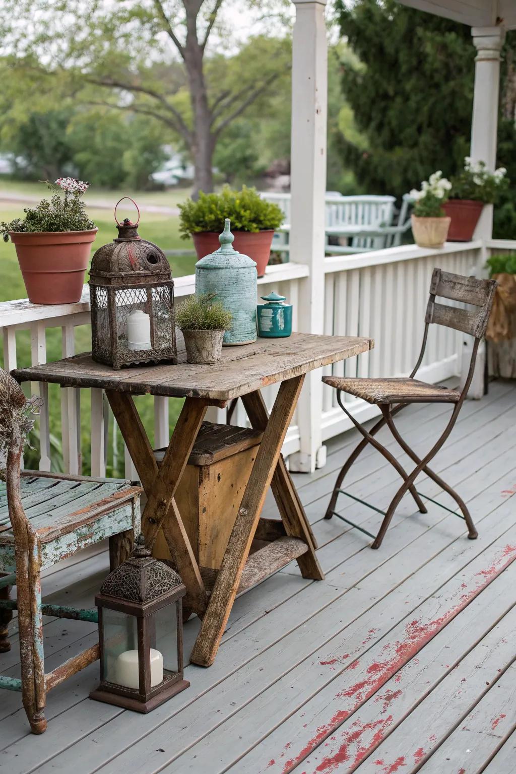 A distressed paint look adds rustic charm and vintage appeal.