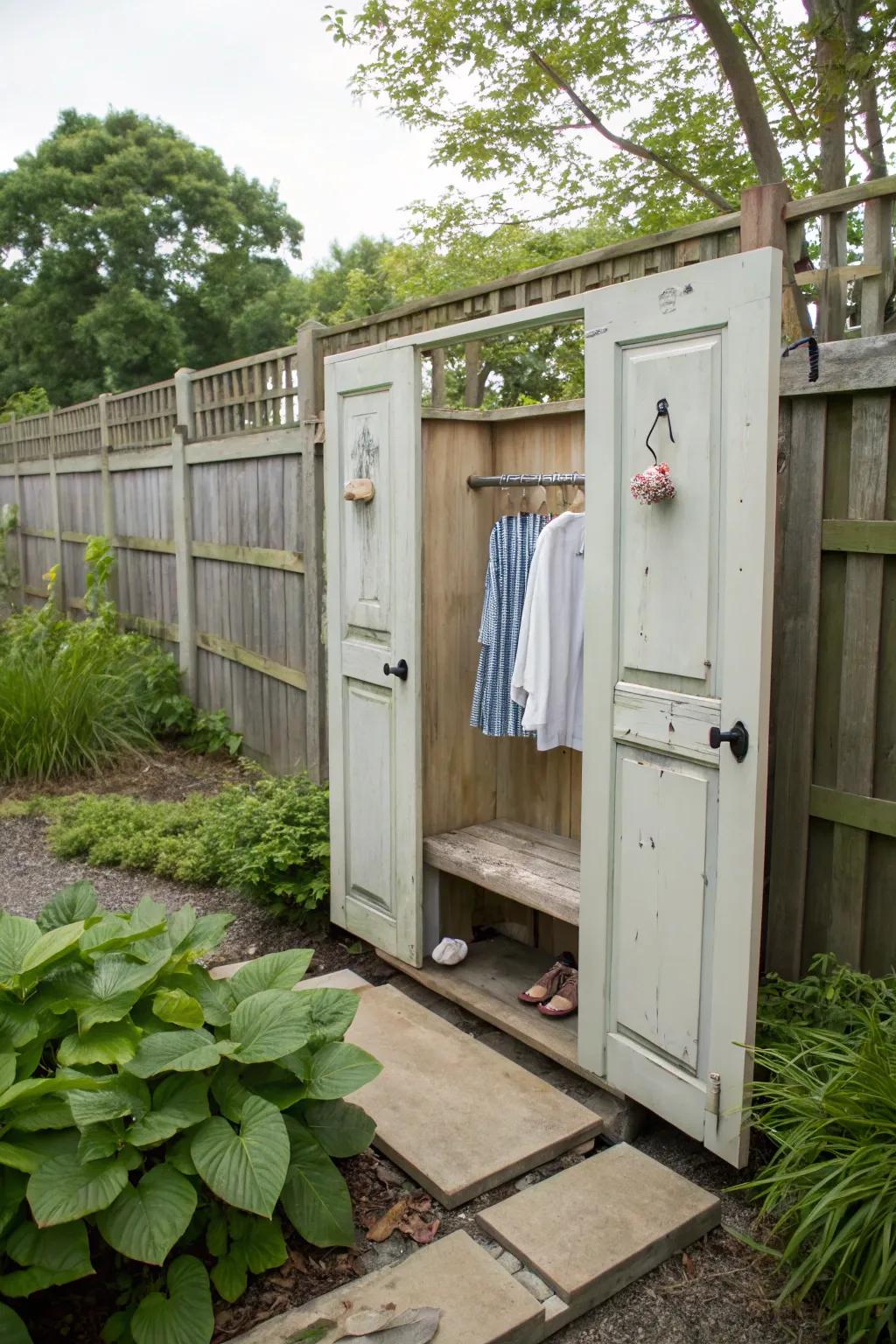 A creative use of old doors for a vintage-inspired outdoor changing station.