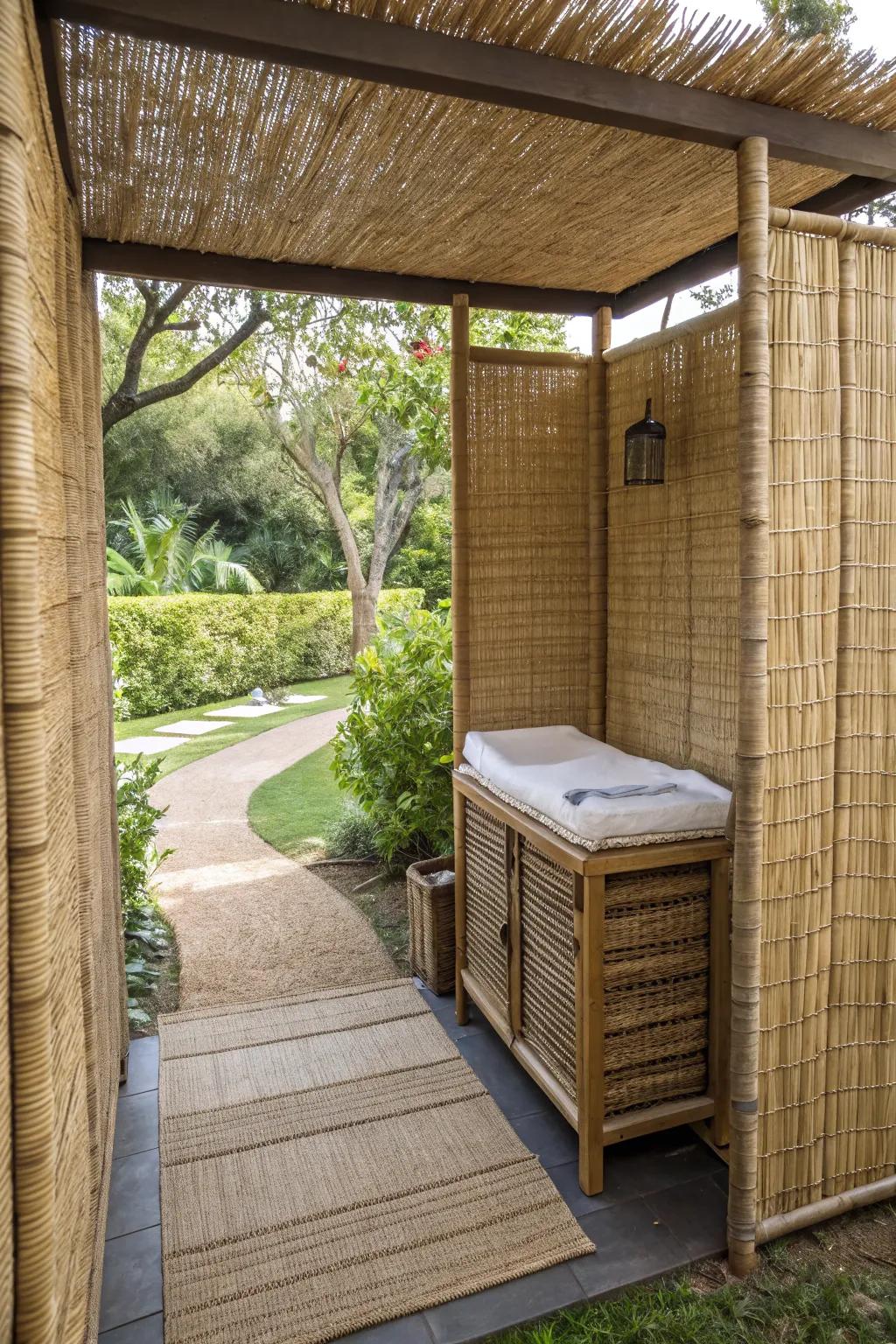 Earthy woven reed matting creates a natural outdoor changing area.