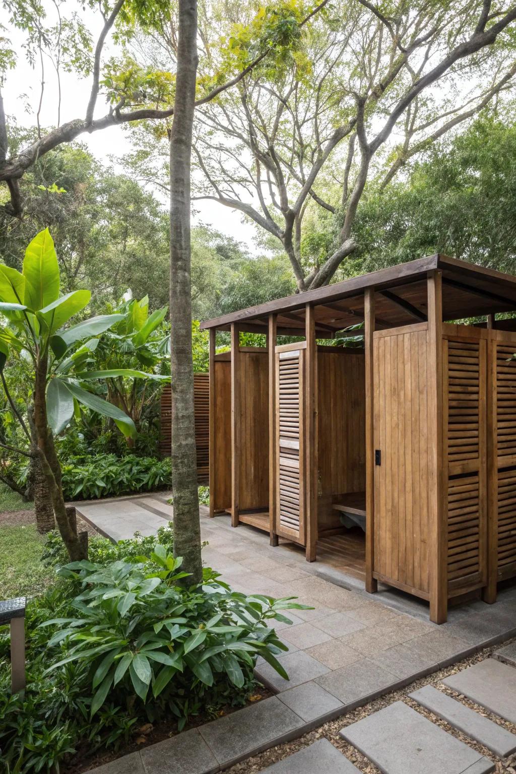 A rustic wooden screen creates a cozy and private outdoor changing area.