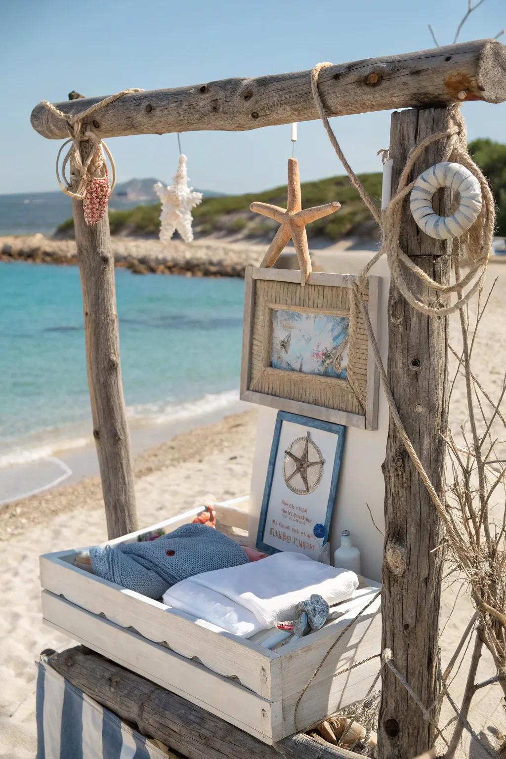 A seaside-inspired changing station using driftwood for a relaxed vibe.