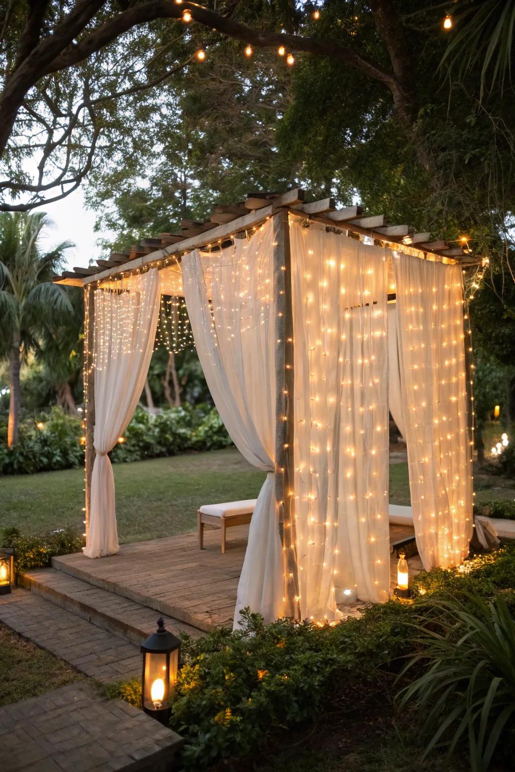 Whimsical fairy lights add magic to an outdoor changing station.