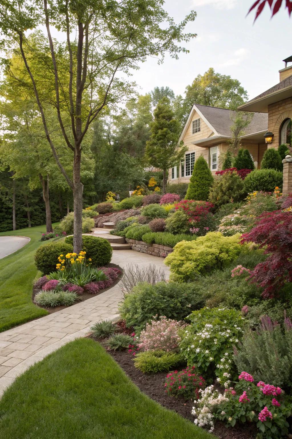 Layered plantings bring depth and texture to your front yard.