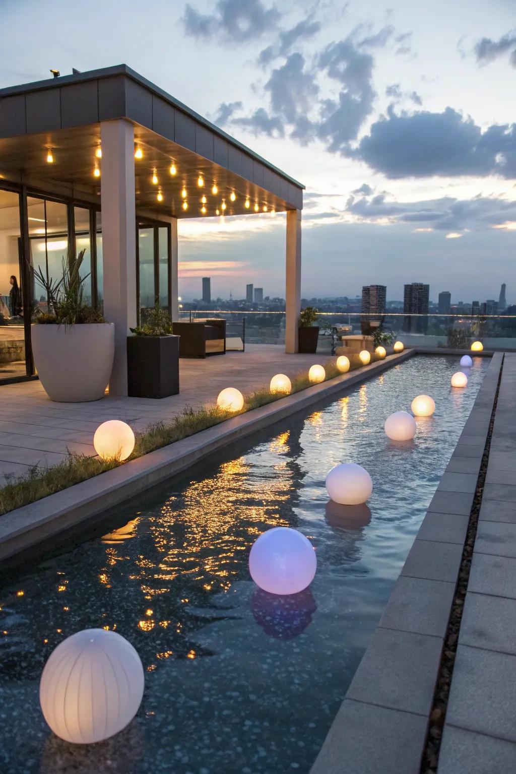 Floating lights add a magical touch to your rooftop decor.