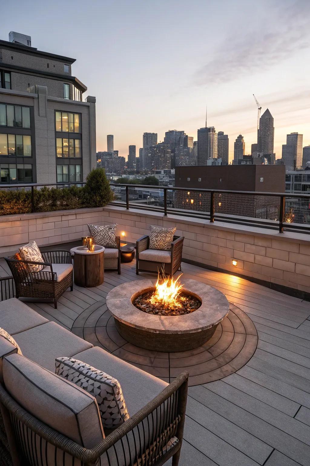 A fire pit adds warmth and a cozy spot for gathering on cool evenings.