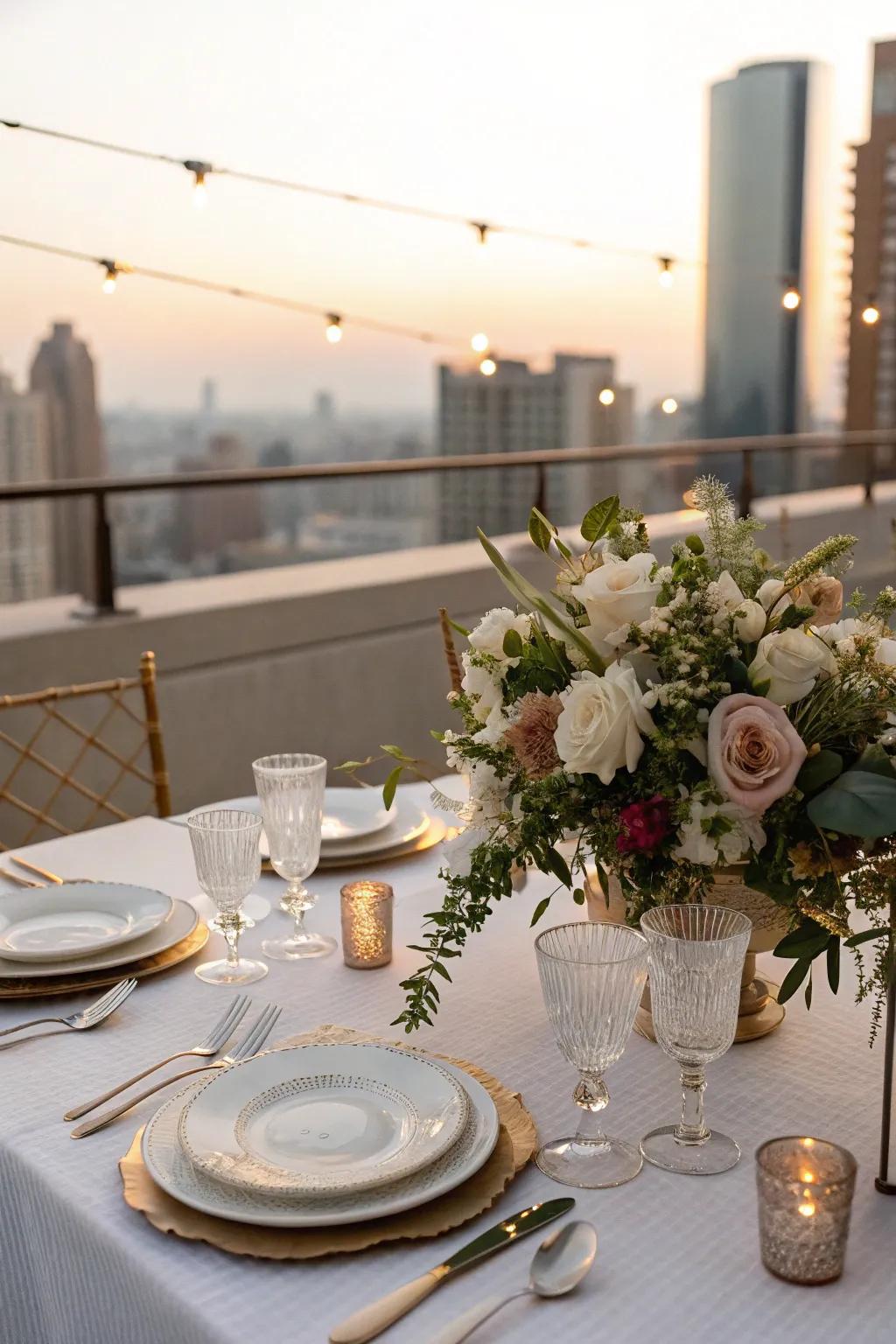A beautifully set table adds a touch of elegance to your rooftop celebration.