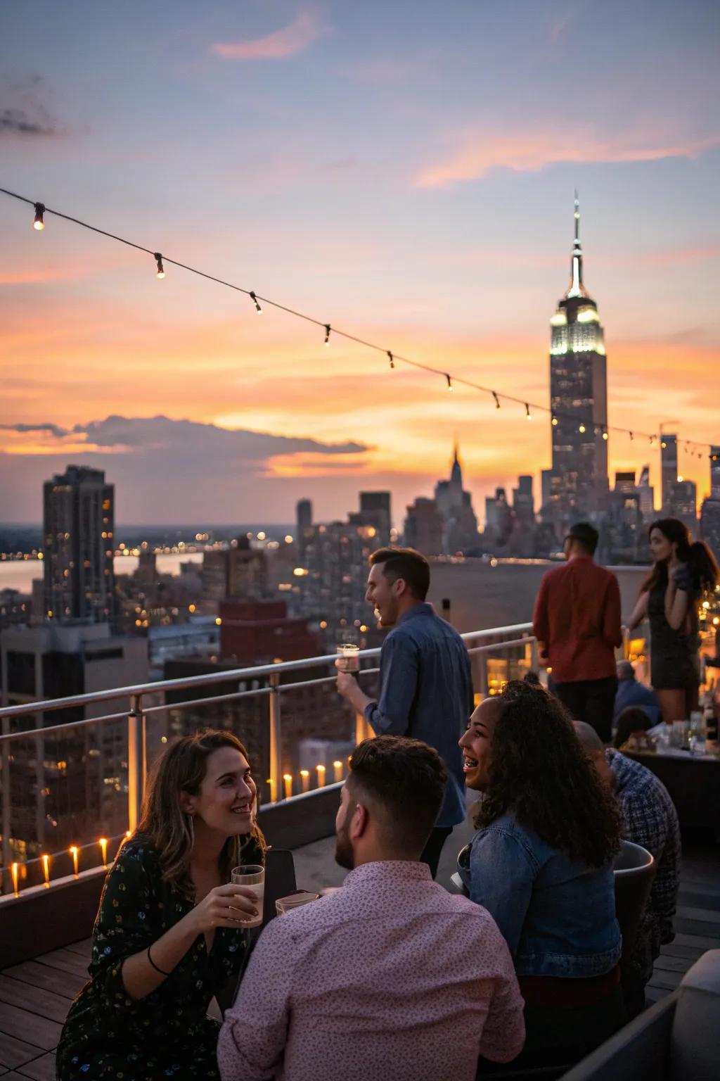 A rooftop party with a stunning city skyline as the backdrop.