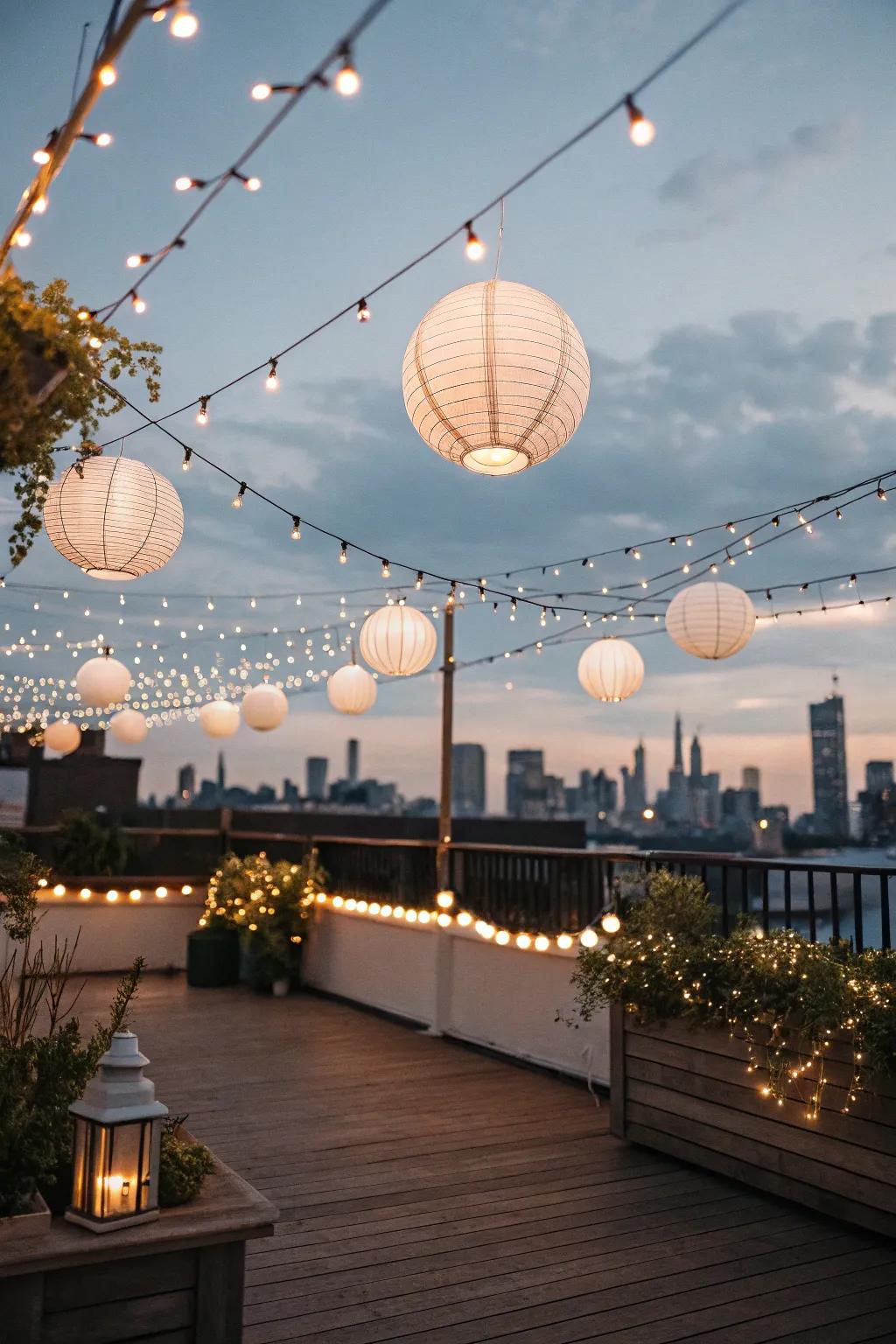 String lights and lanterns add a magical glow to any rooftop celebration.