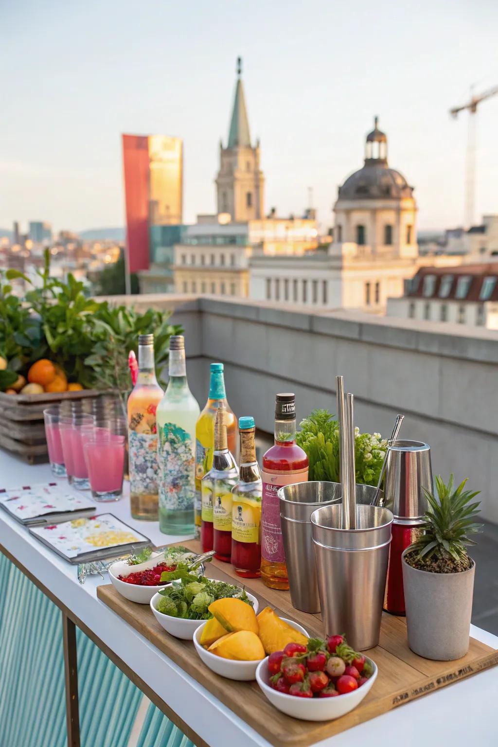 A DIY cocktail station adds interactive fun to your rooftop celebration.