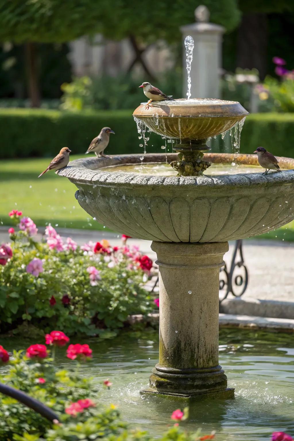 A birdbath fountain that brings nature and beauty together.
