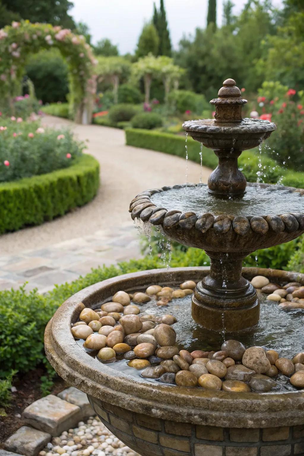 A pebble-covered fountain that offers both visual and tactile appeal.
