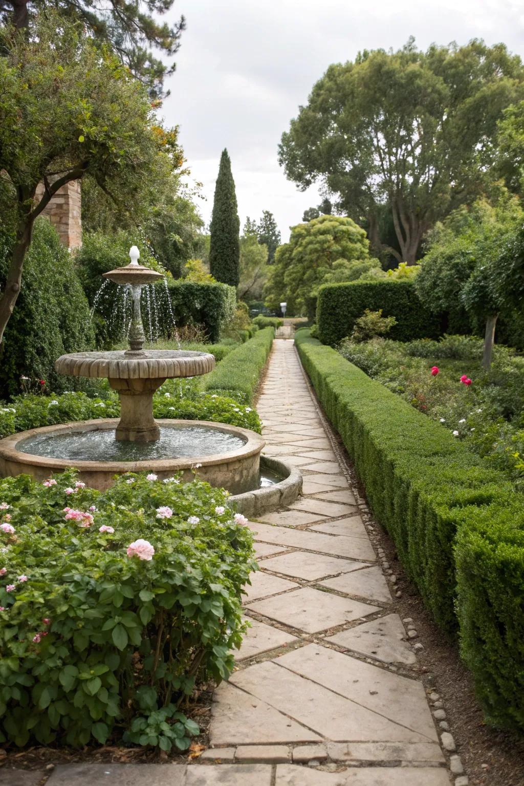 A pathway fountain that leads guests through a tranquil garden.