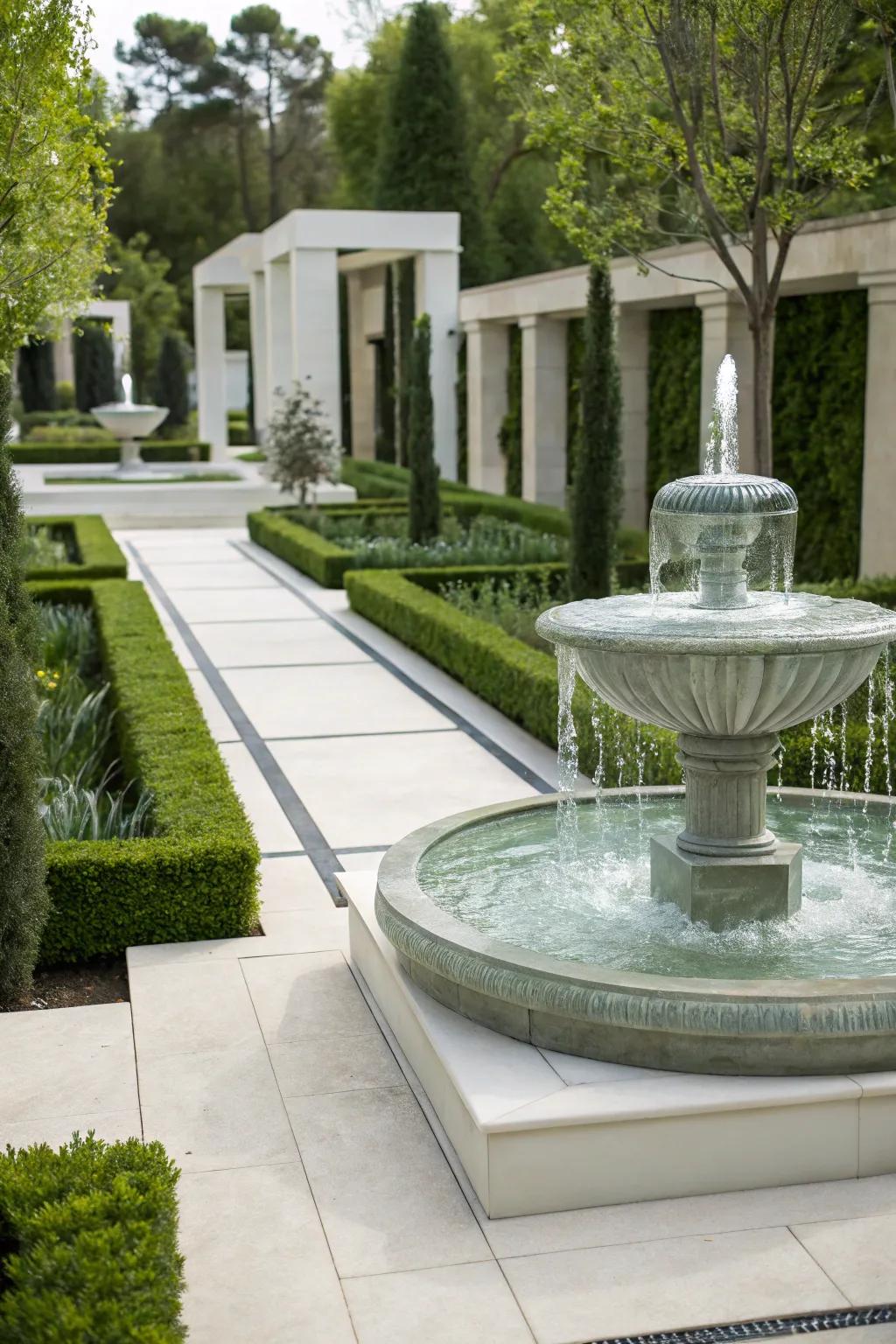 A glass fountain that blends water and modern design beautifully.