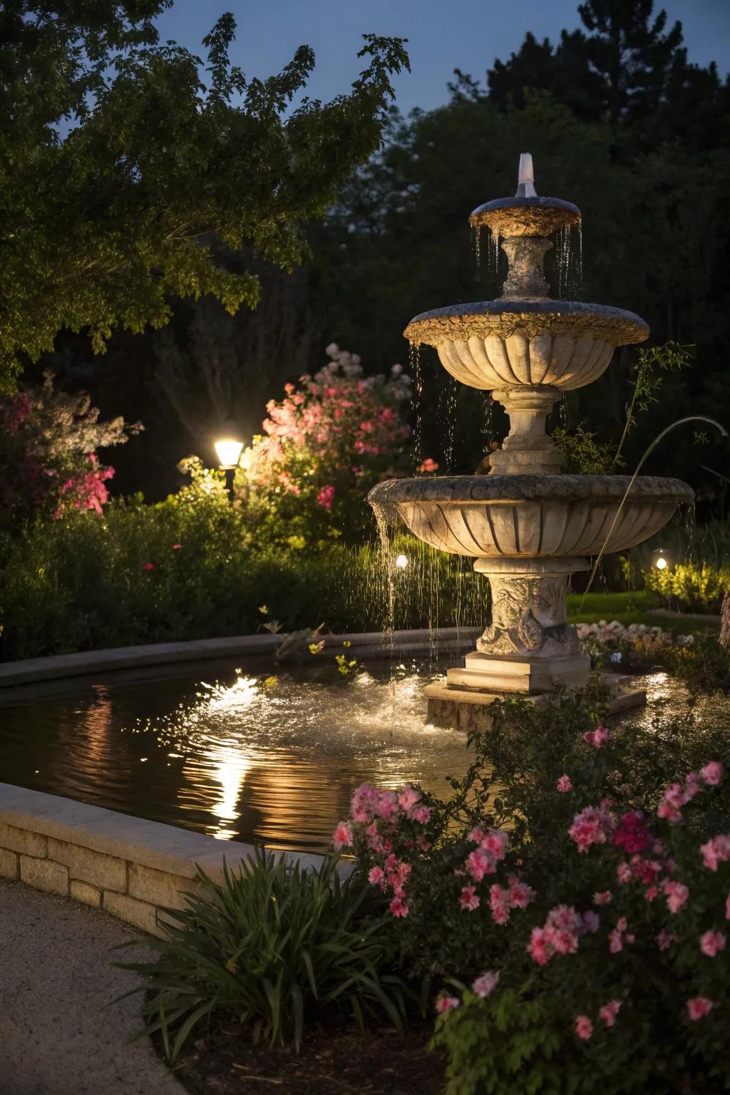An illuminated fountain transforms a garden into a nighttime oasis.