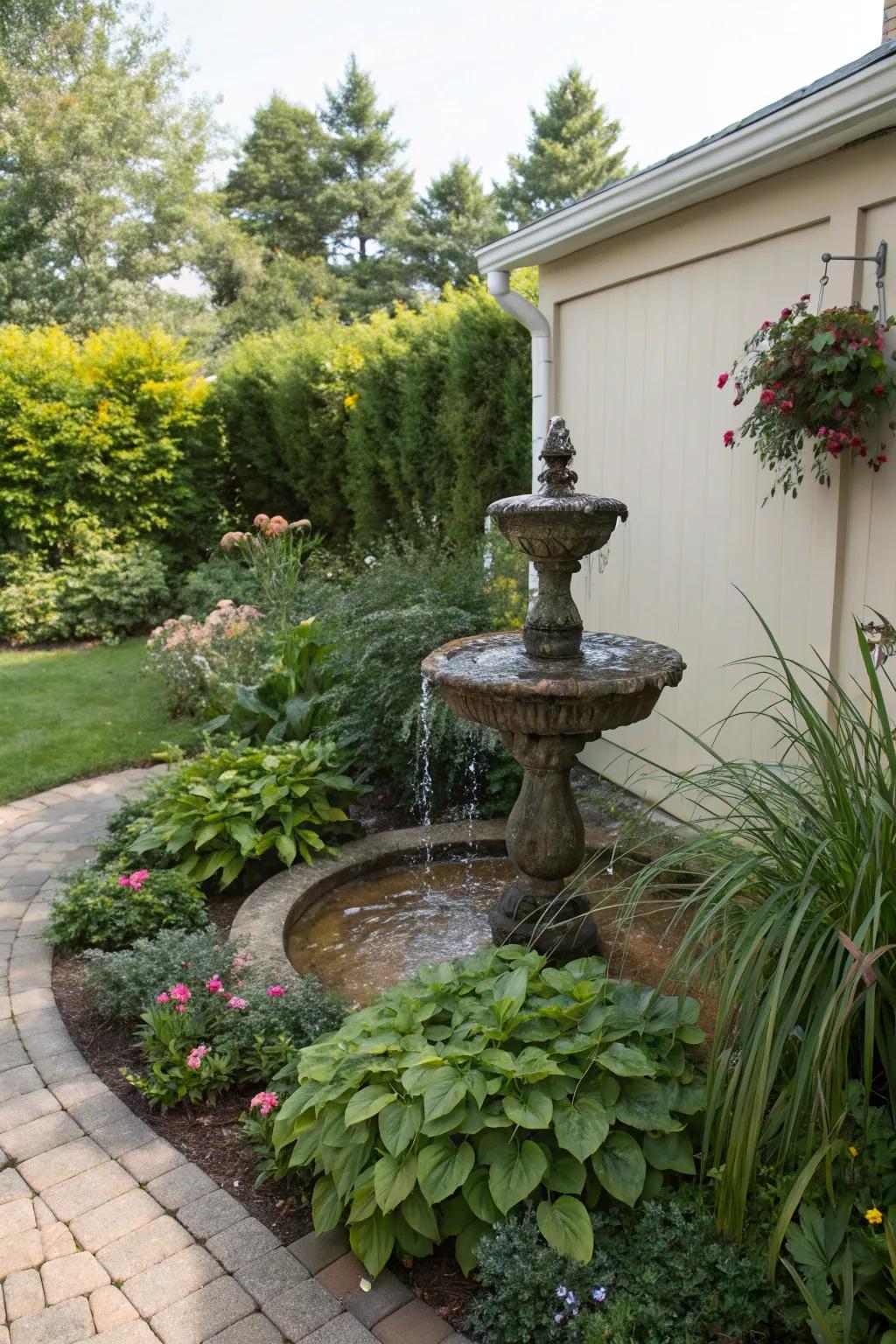 A corner nook fountain making efficient use of space in a garden.