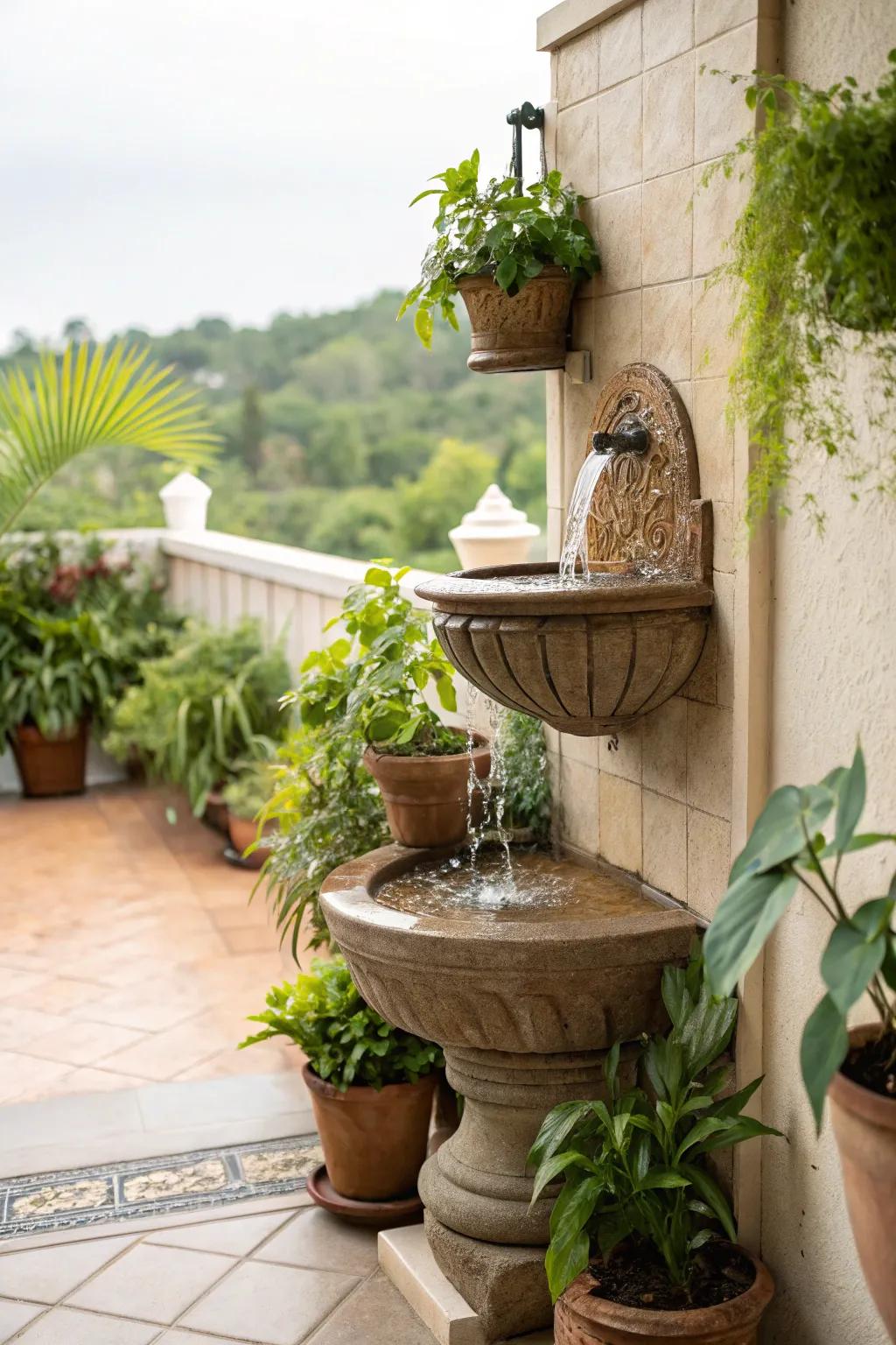 A wall-mounted fountain brings the sound of water to a cozy patio.
