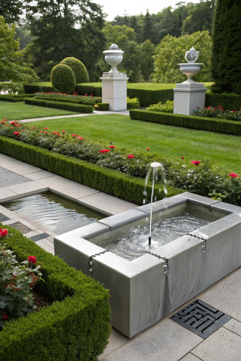 A modern minimalist fountain that adds elegance to any outdoor space.