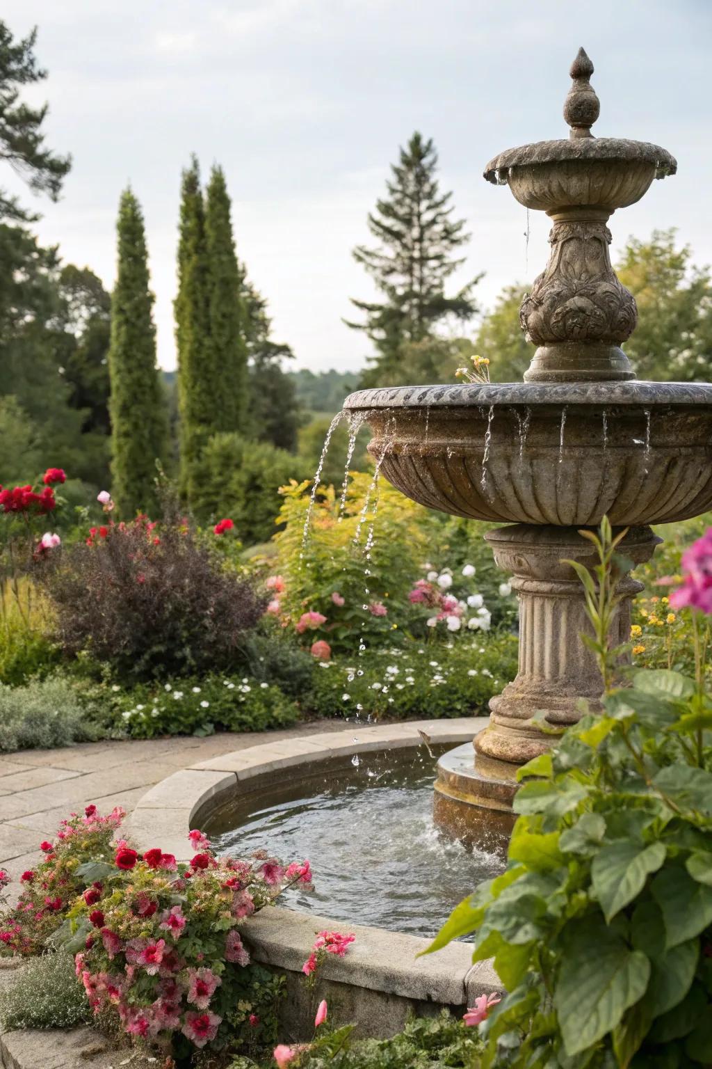 An urn fountain that adds a rustic charm to any garden setting.