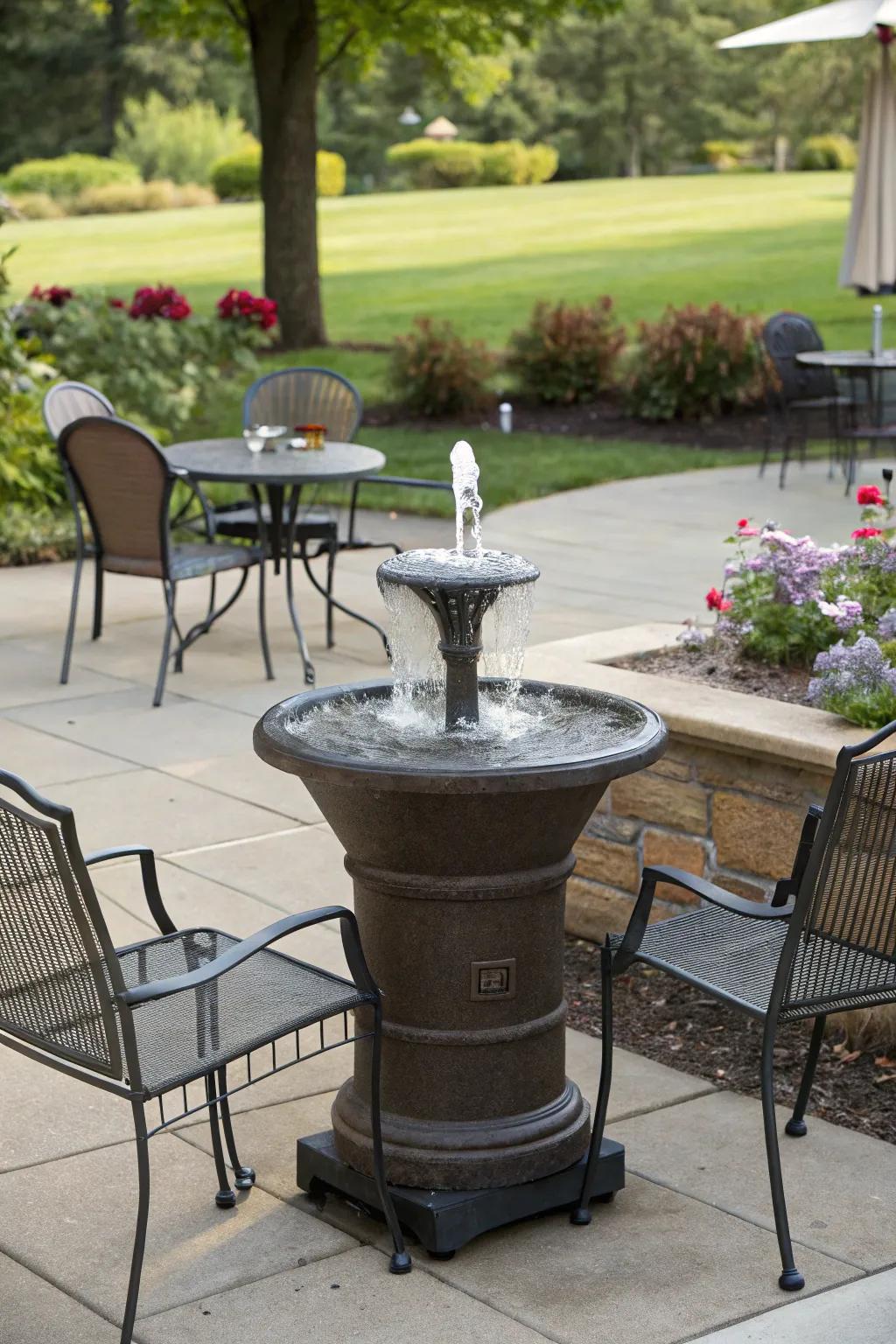 A portable fountain adding versatility and charm to a patio setting.