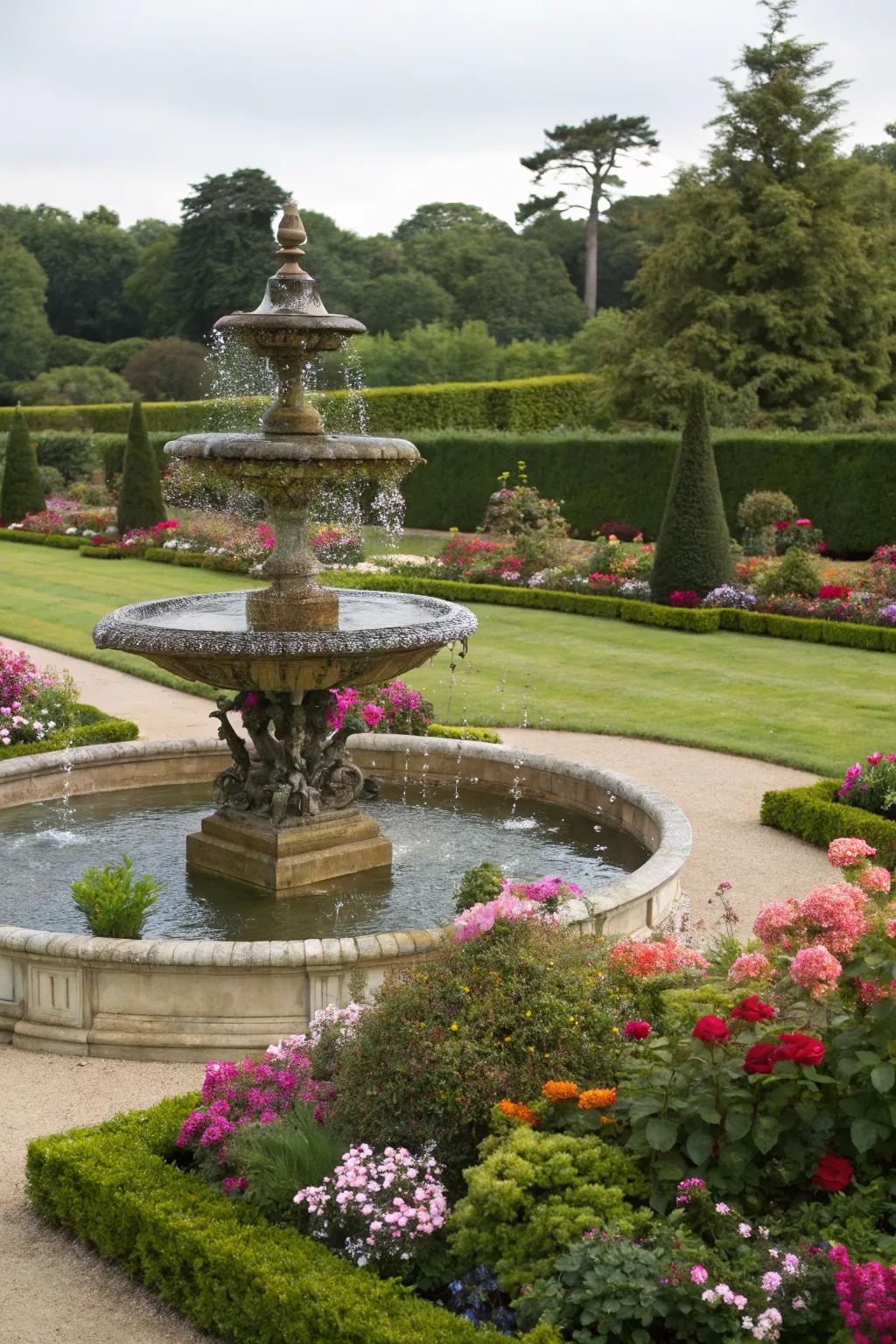 A tiered fountain that creates an elegant focal point in a large garden.
