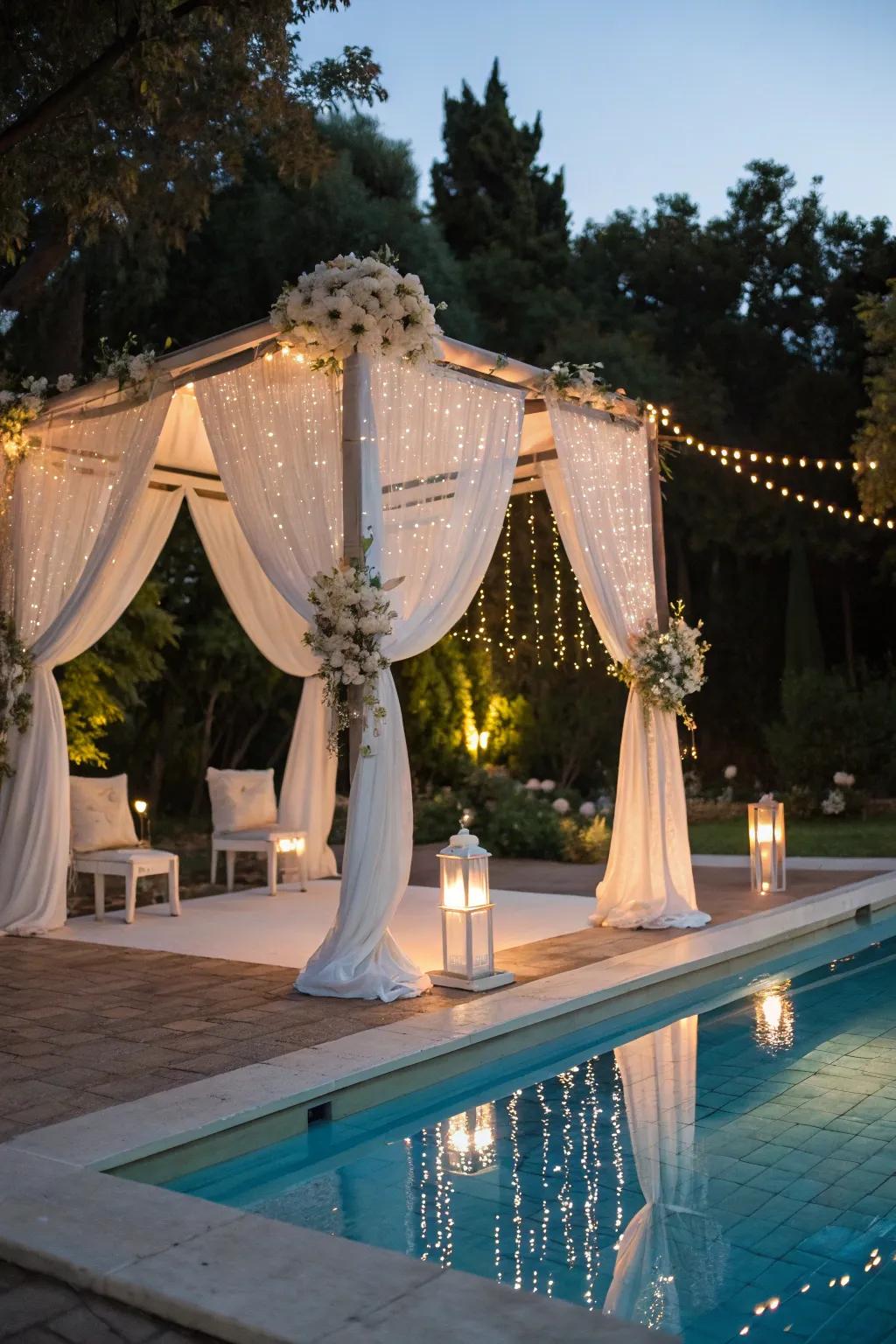 A romantic canopy creates an intimate atmosphere over the pool.