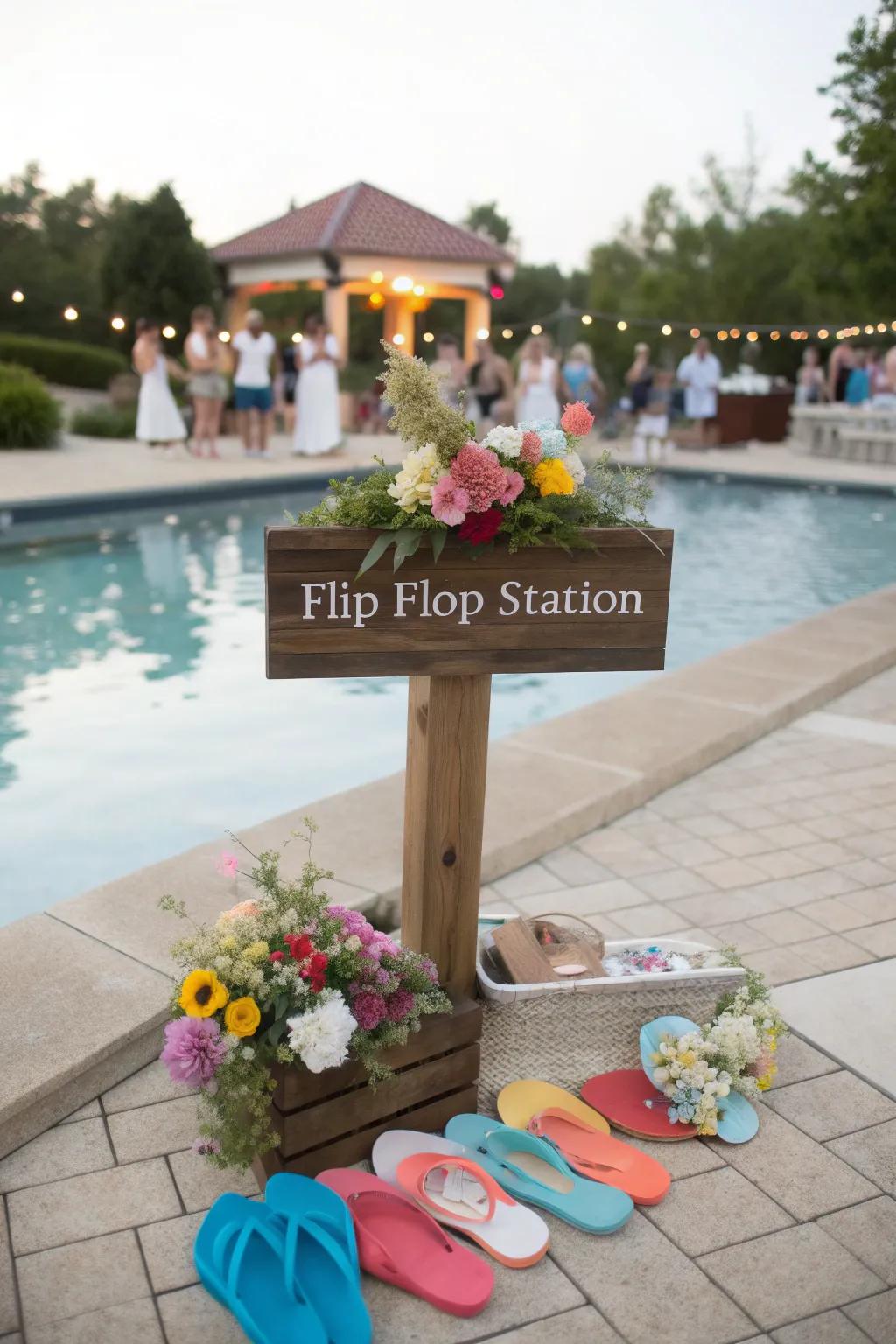 A charming flip flop station inviting guests to enjoy the poolside setting.