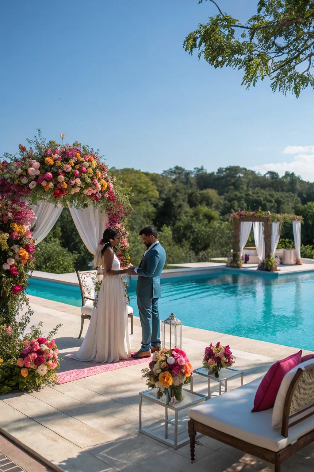 A couple exchanging vows by a picturesque poolside setting.
