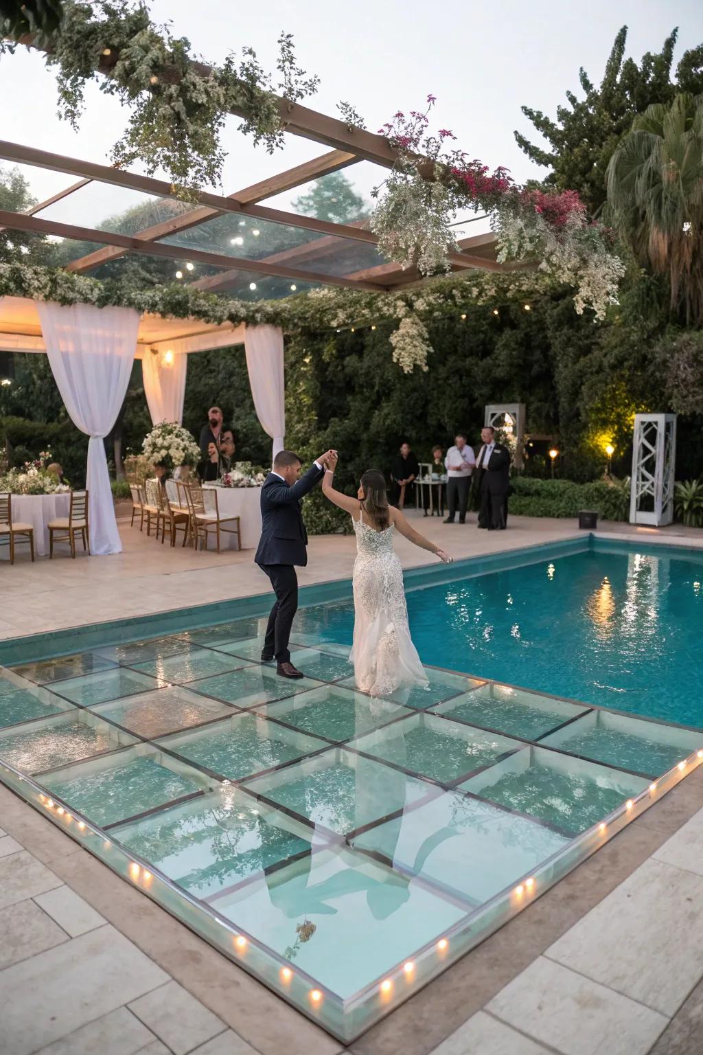 A plexiglass dance floor creating a unique dancing experience above the pool.