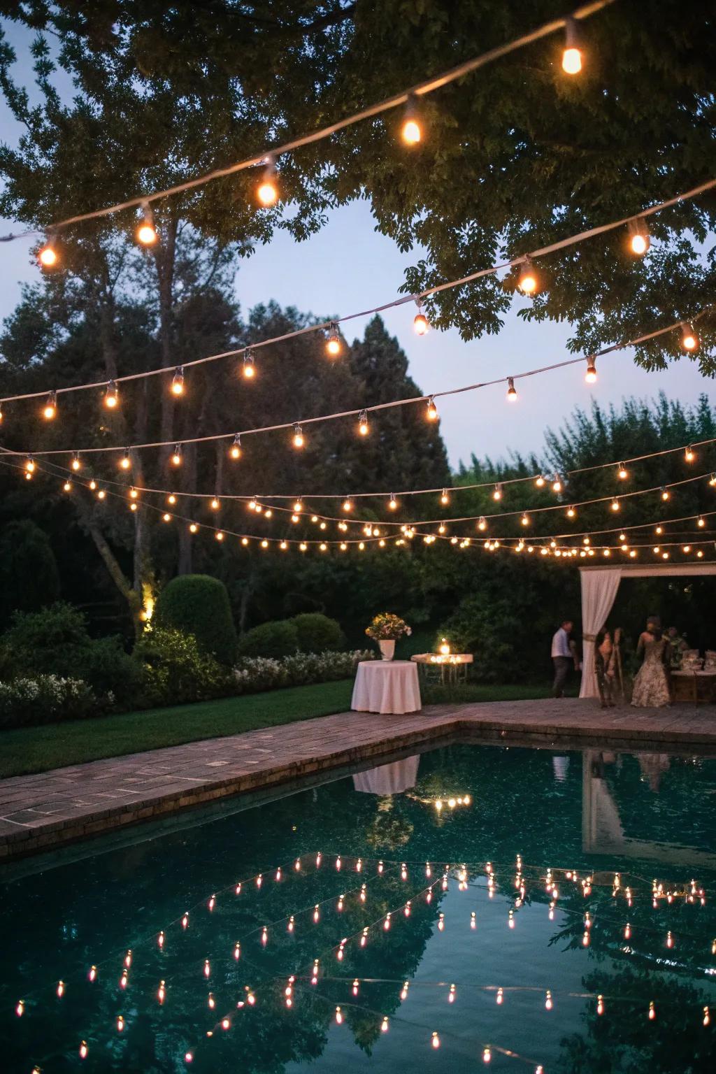 Twinkling string lights reflecting beautifully in the pool water.