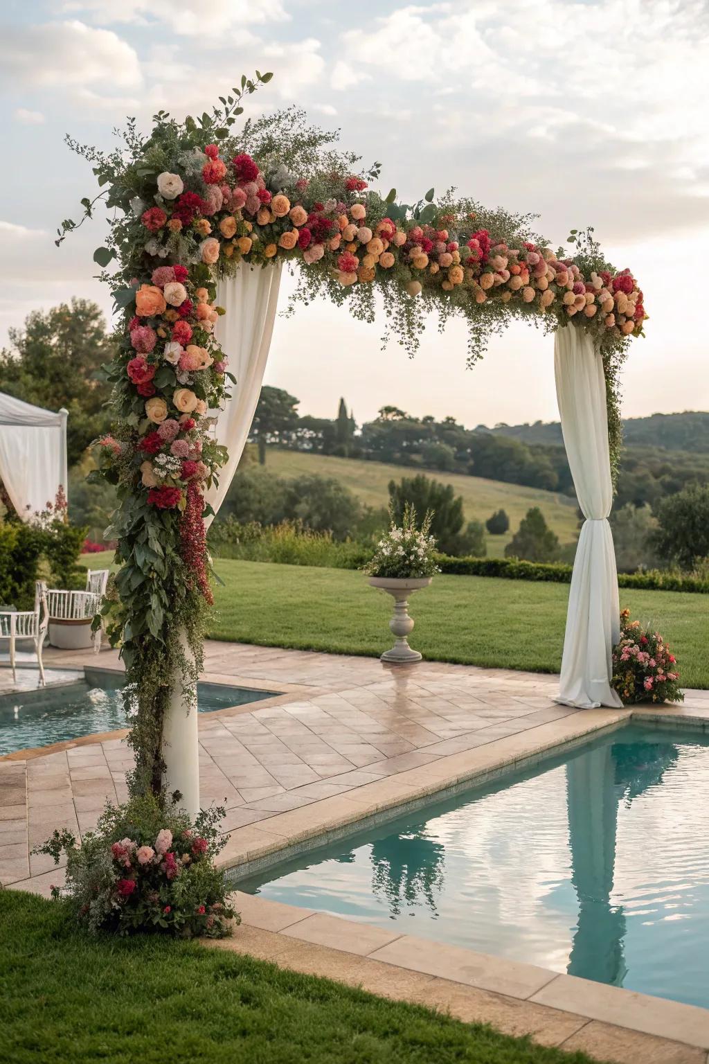 A stunning floral archway providing a beautiful backdrop by the pool.