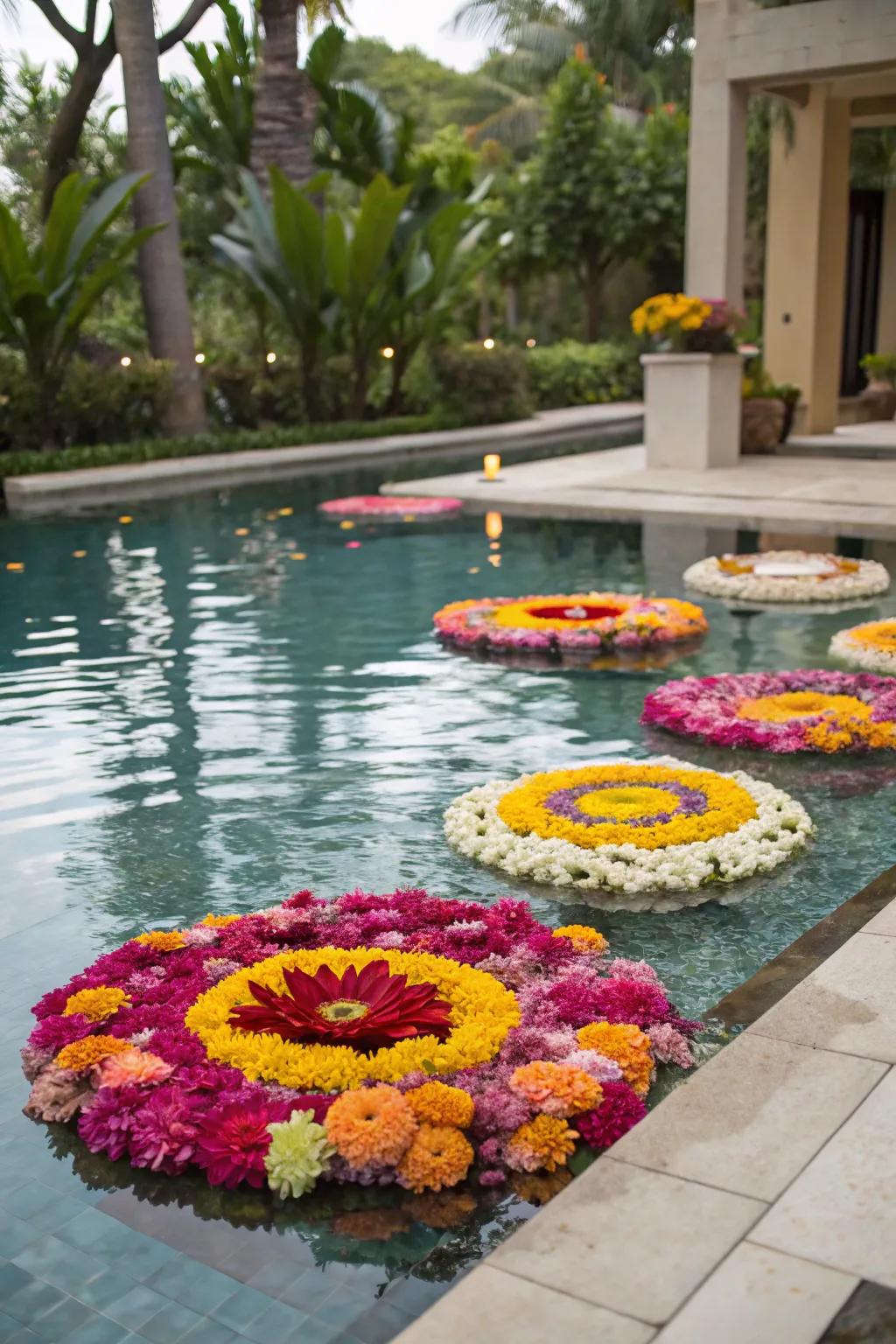 Vibrant floating floral arrangements adding elegance to the pool.