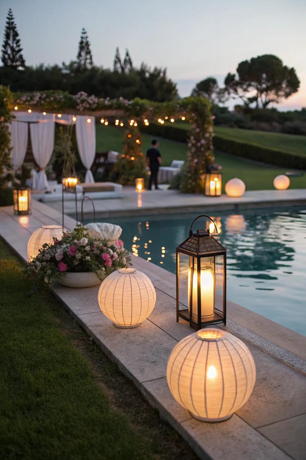 Lanterns and soft lighting creating a romantic glow by the pool.