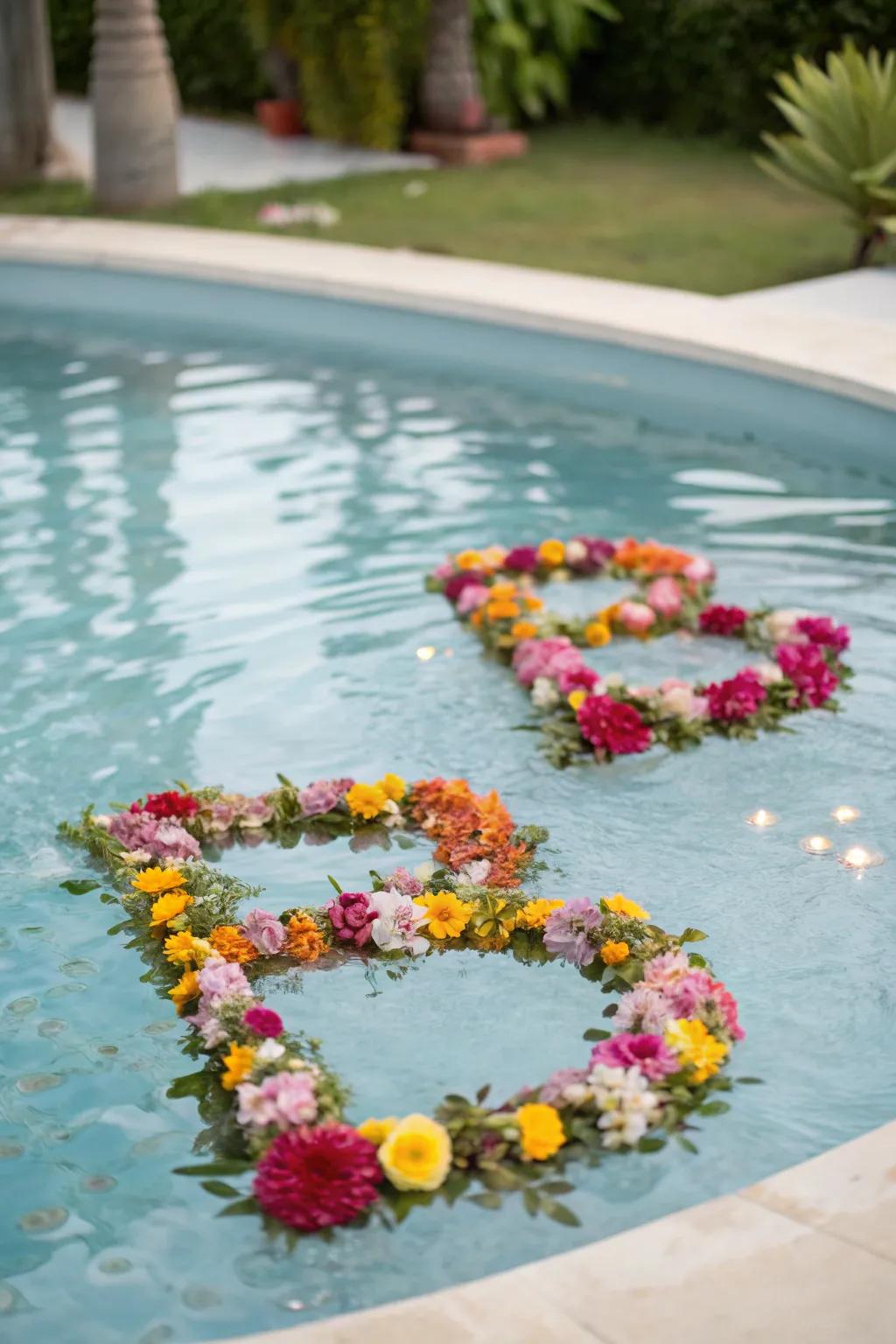 Personalized floral initials floating elegantly in the pool.