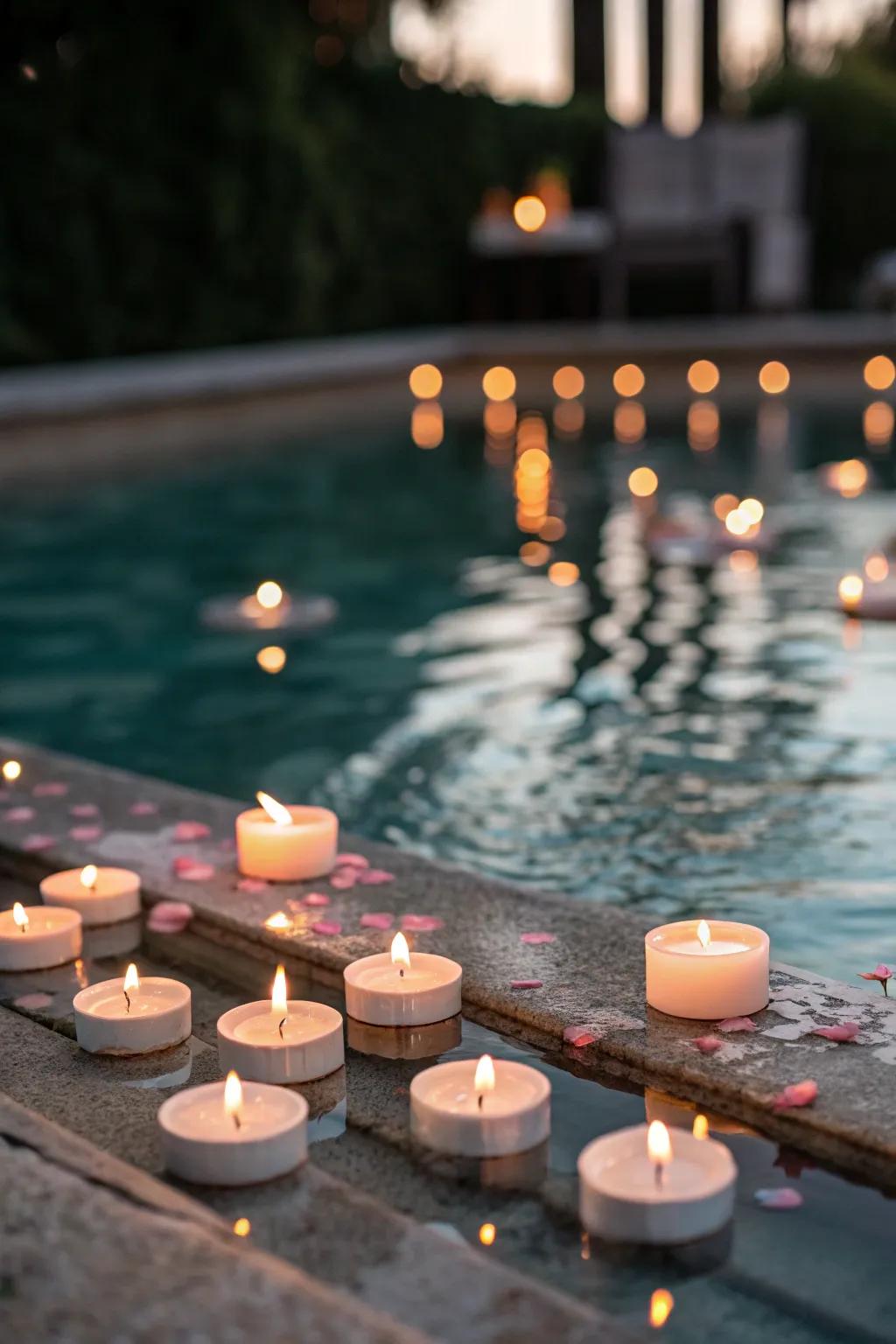 Floating candles casting a soft romantic glow on the pool.