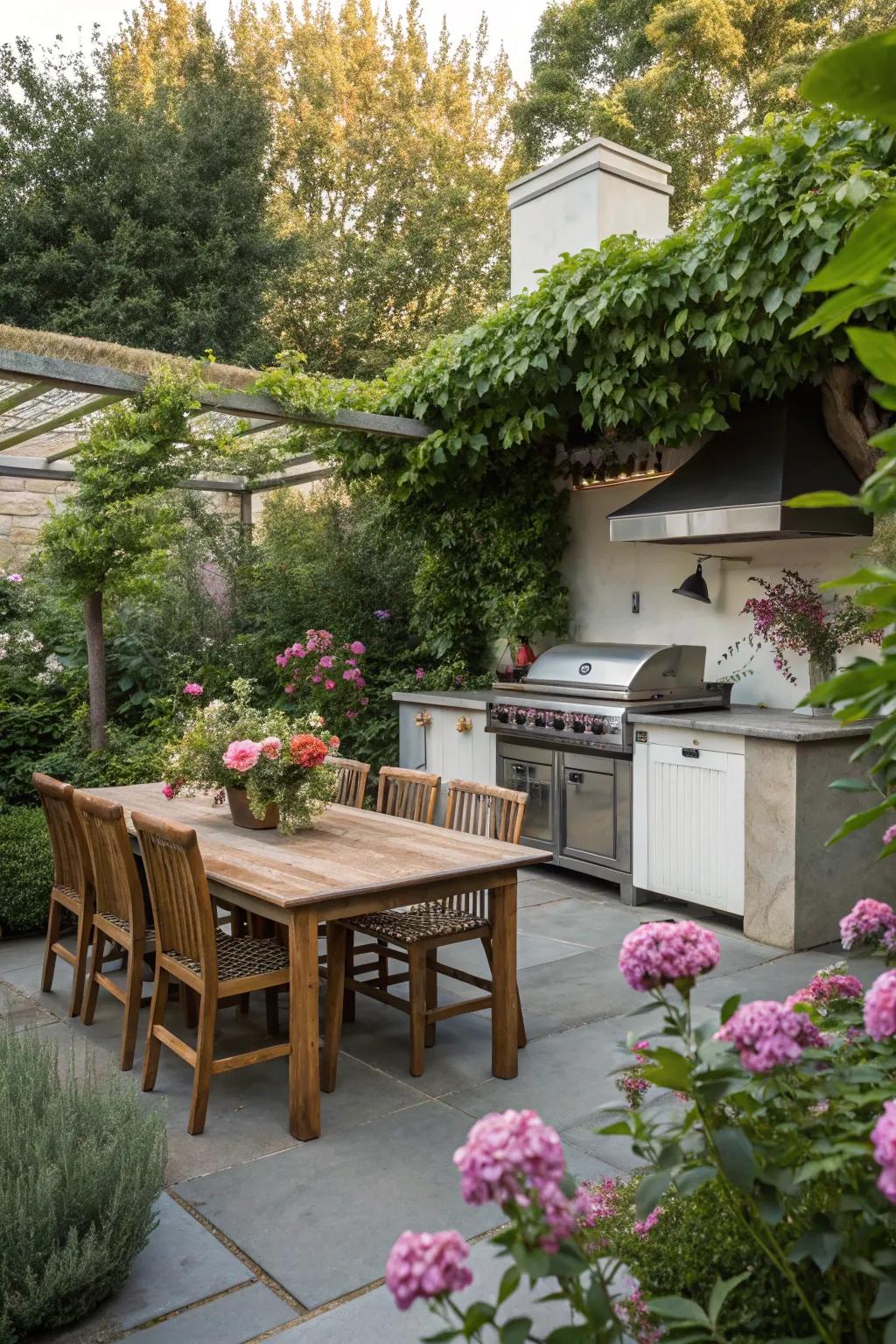 Nature and design come together for a beautiful outdoor kitchen setting.
