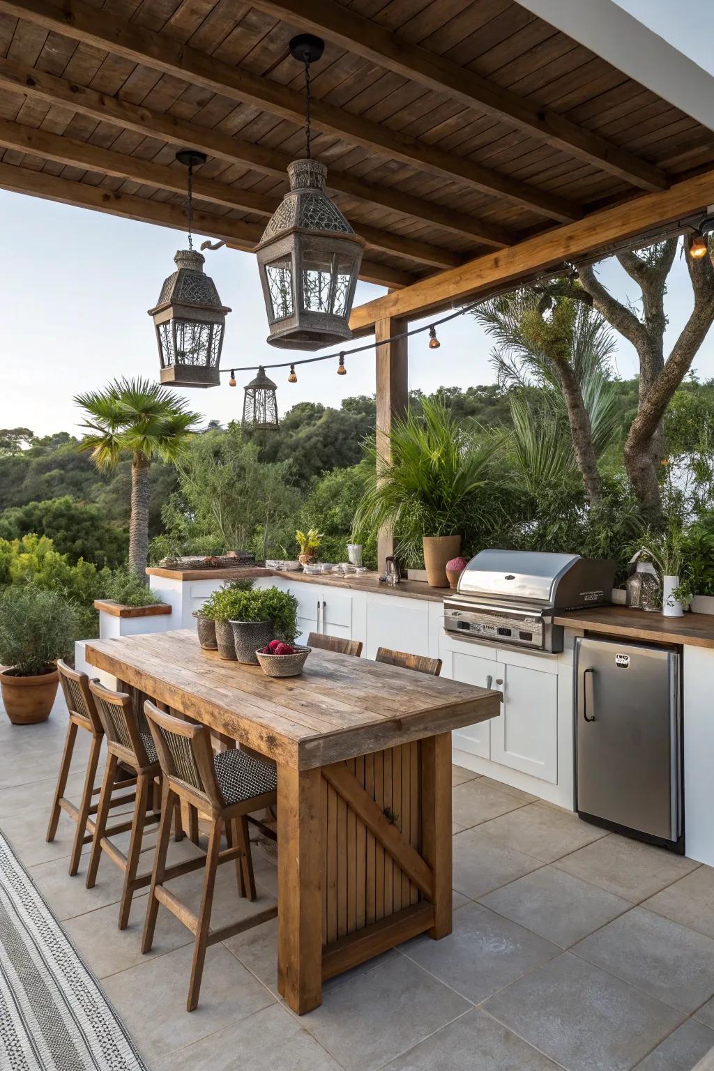 Wooden accents bring warmth and rustic charm to your outdoor kitchen.