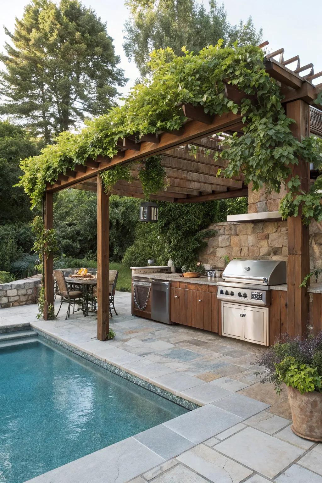 Enjoy cooking in comfort with a shaded pergola.
