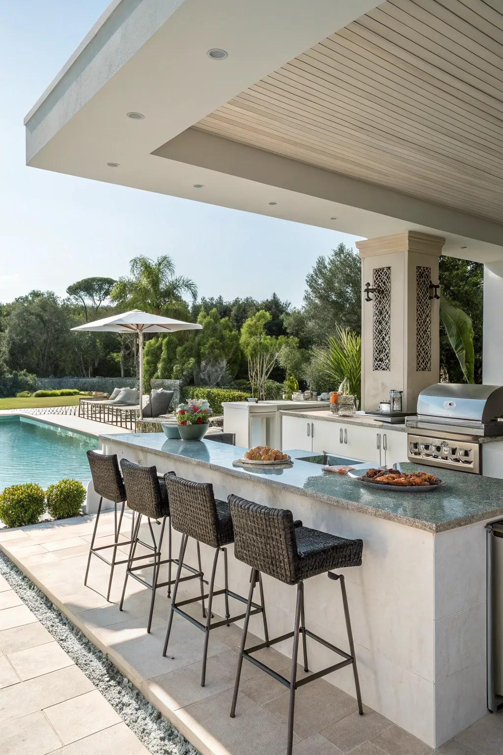 Create a social hub with bar seating near your pool.